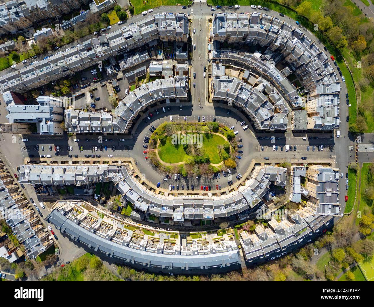 Aerial view of affluent Park District, with Park Terrace and Park Circus in Glasgow West End, Scotland, Uk Stock Photo
