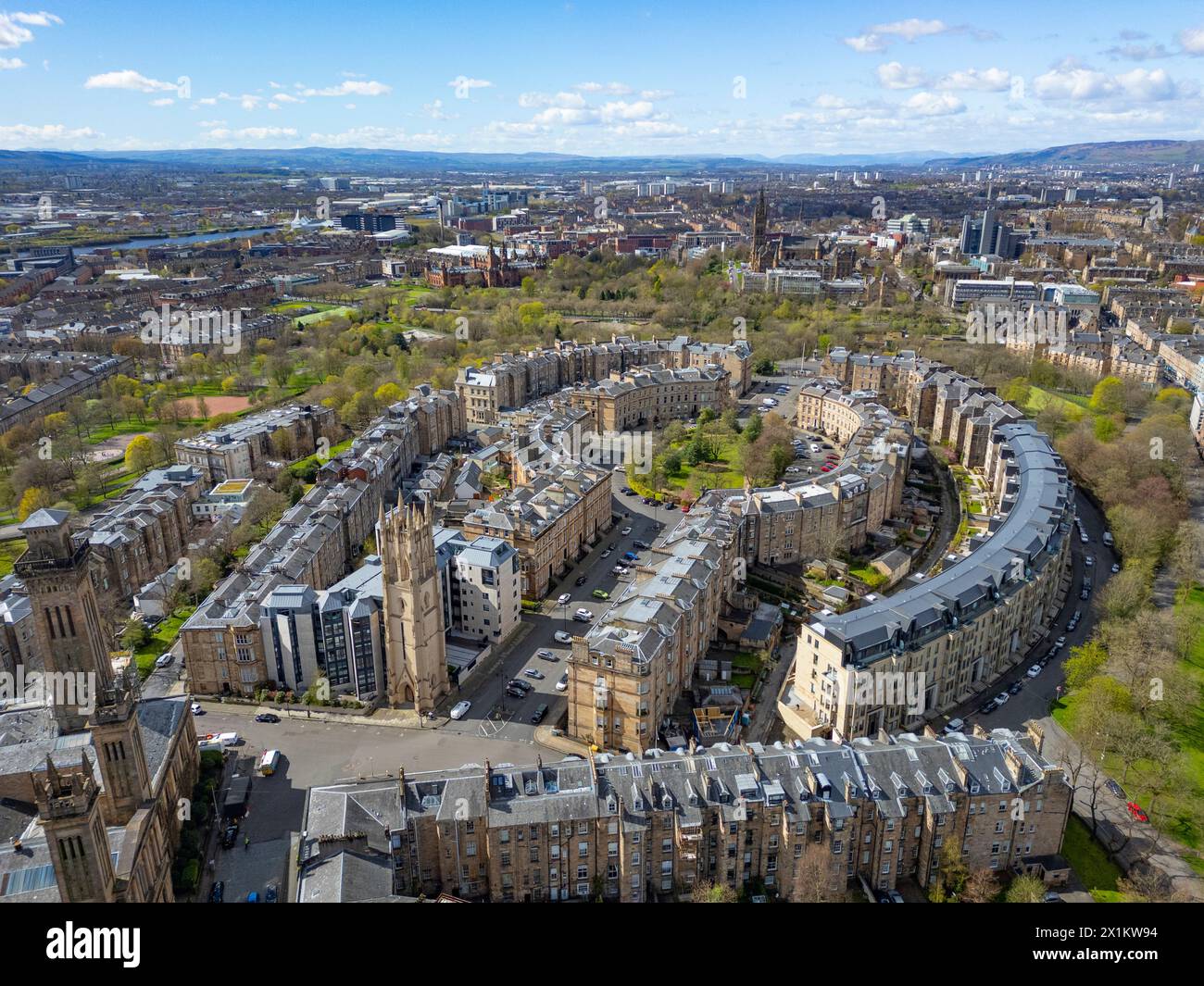 Aerial view of affluent Park District, with Park Terrace and Park Circus in Glasgow West End, Scotland, Uk Stock Photo