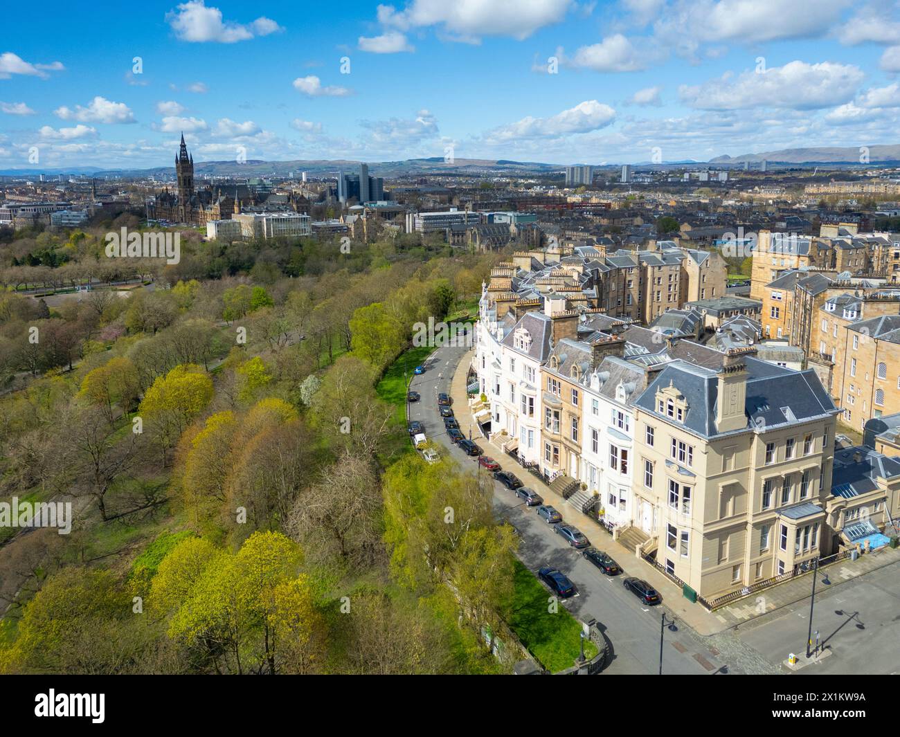 Aerial view of affluent Park District andPark Terrace adjacent in Kelvingrove Park in Glasgow West End, Scotland, Uk Stock Photo
