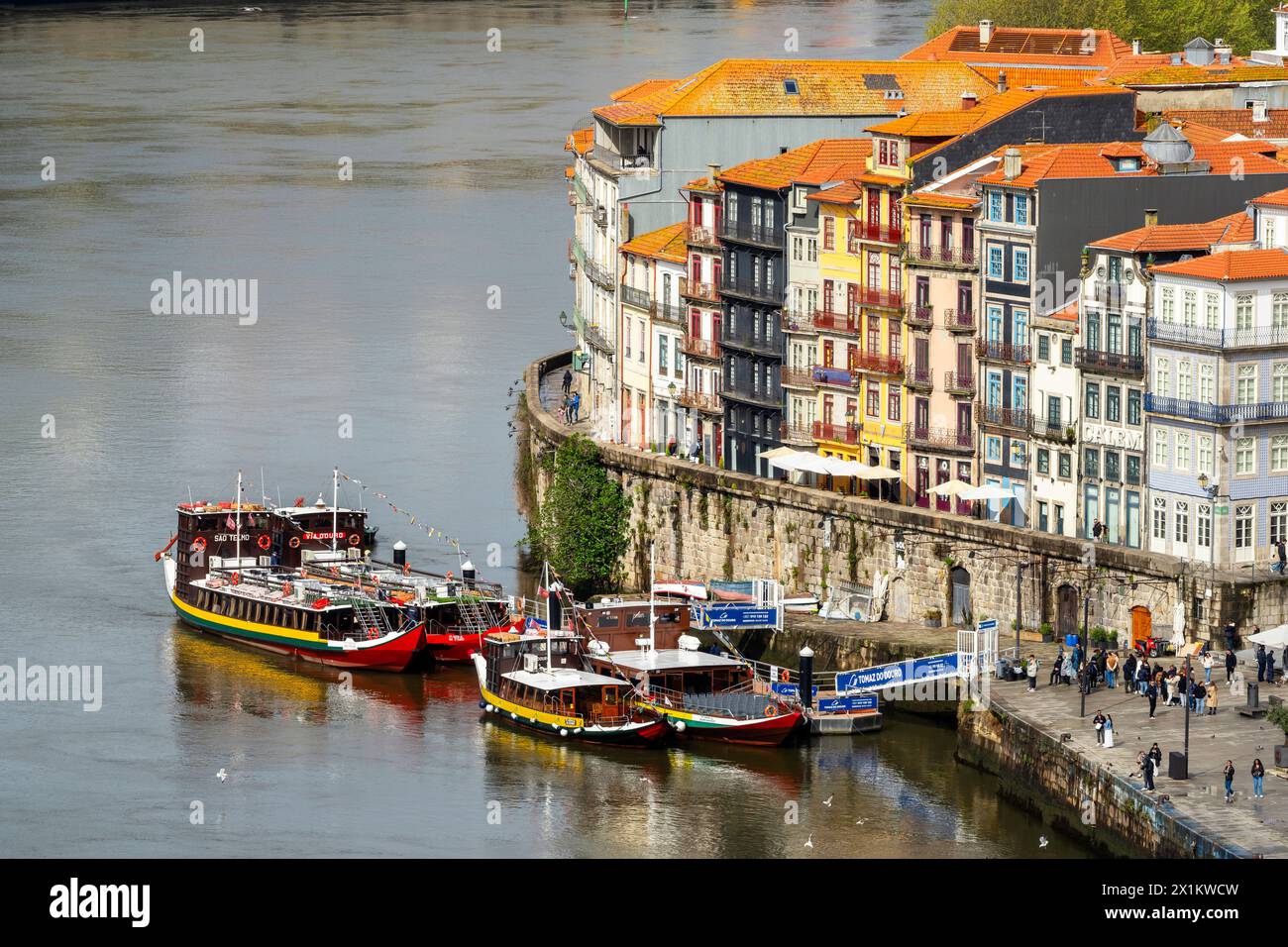 Elevated panoramic view of Porto old town and Douro river bed, Portugal. Stock Photo