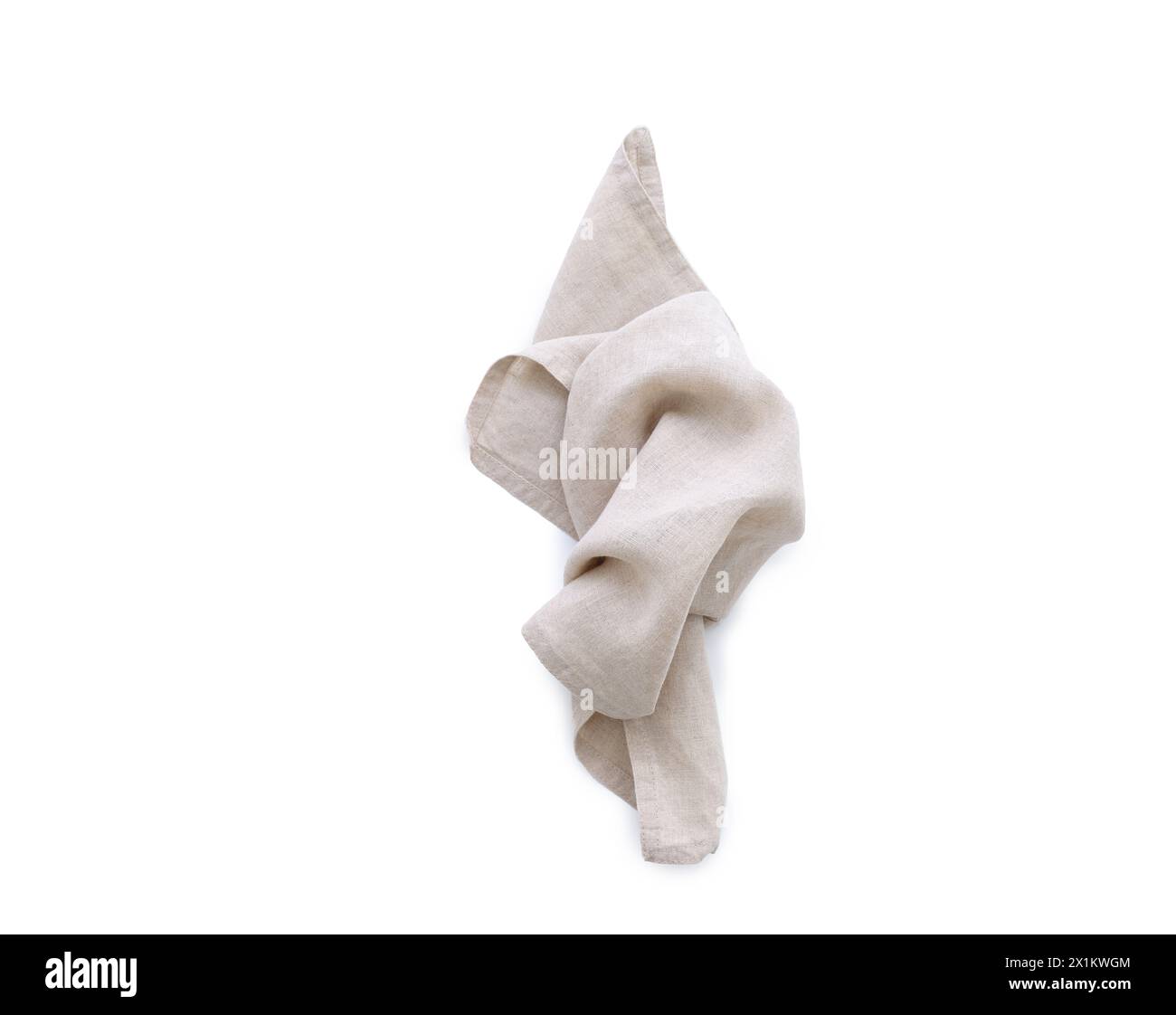Top view beige gray linen kitchen napkin isolated on white background. Folded cloth for mockup Stock Photo