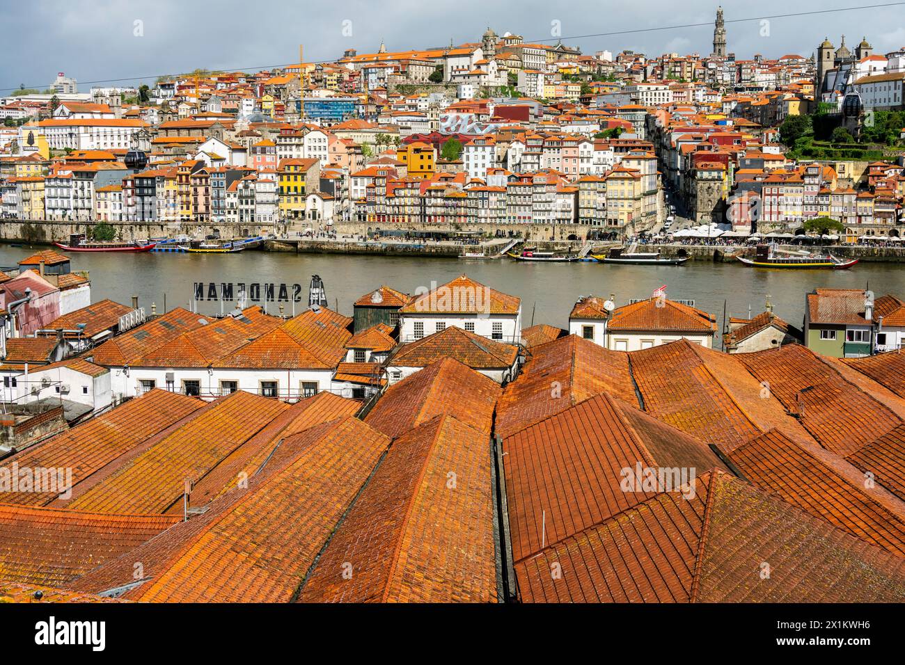 Elevated panoramic view of Porto old town and Douro river bed, Portugal. Stock Photo