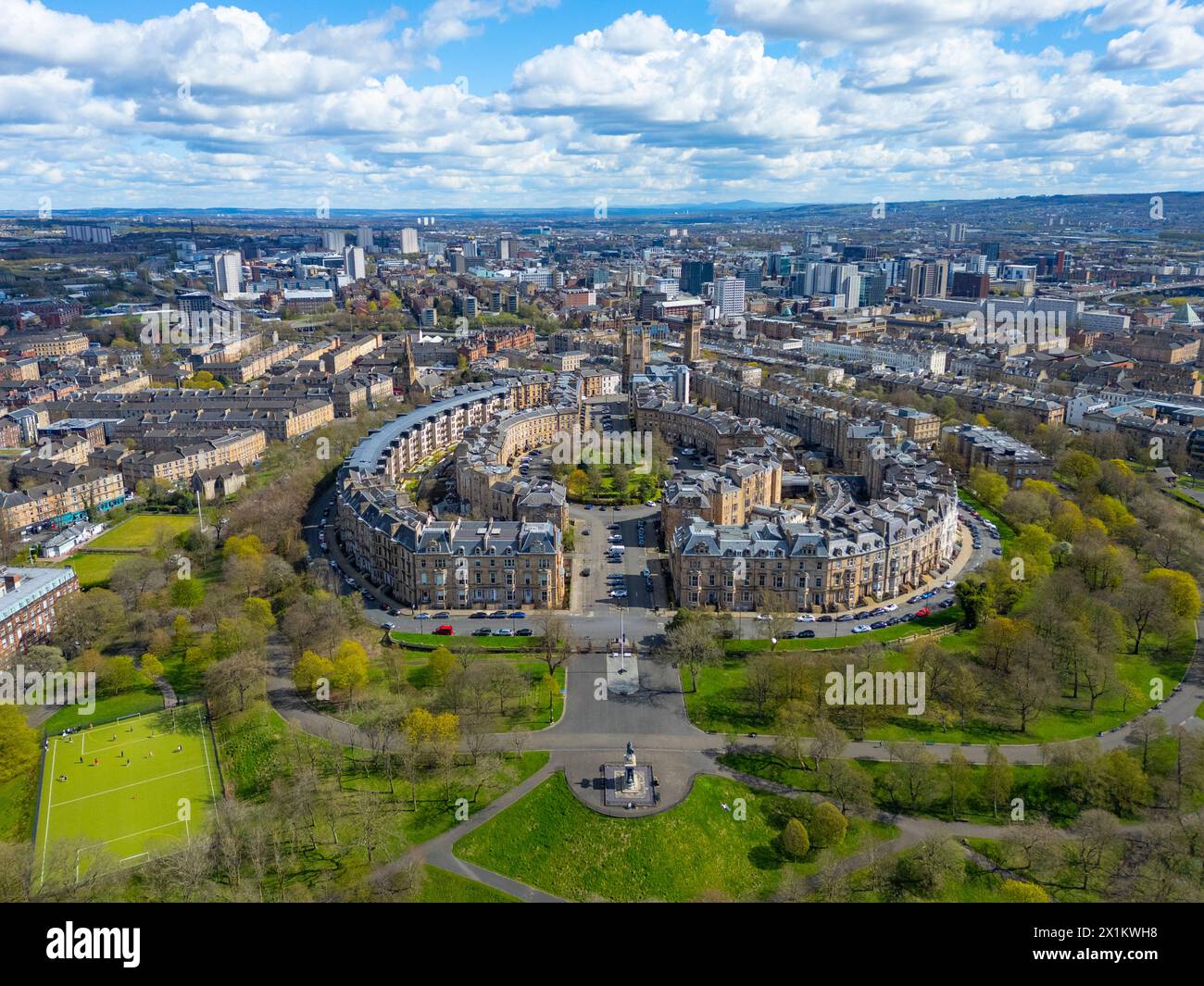 Aerial view of affluent Park District, with Park Terrace and Park Circus adjacent to Kelvingrove Park  in Glasgow West End, Scotland, Uk Stock Photo