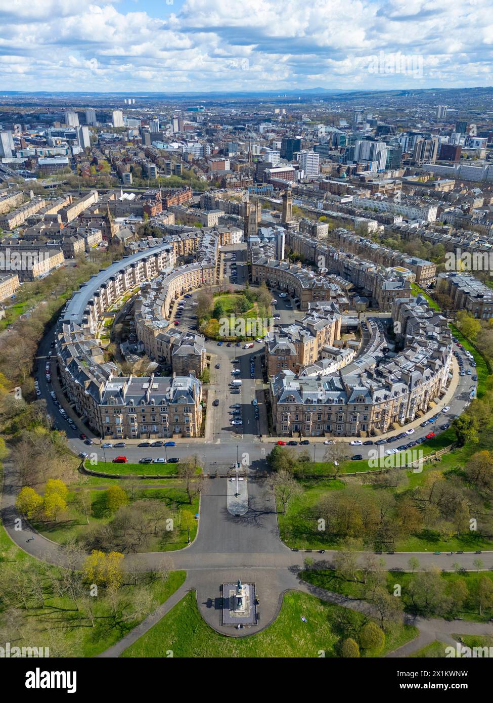 Aerial view of affluent Park District, with Park Terrace and Park Circus adjacent to Kelvingrove Park  in Glasgow West End, Scotland, Uk Stock Photo