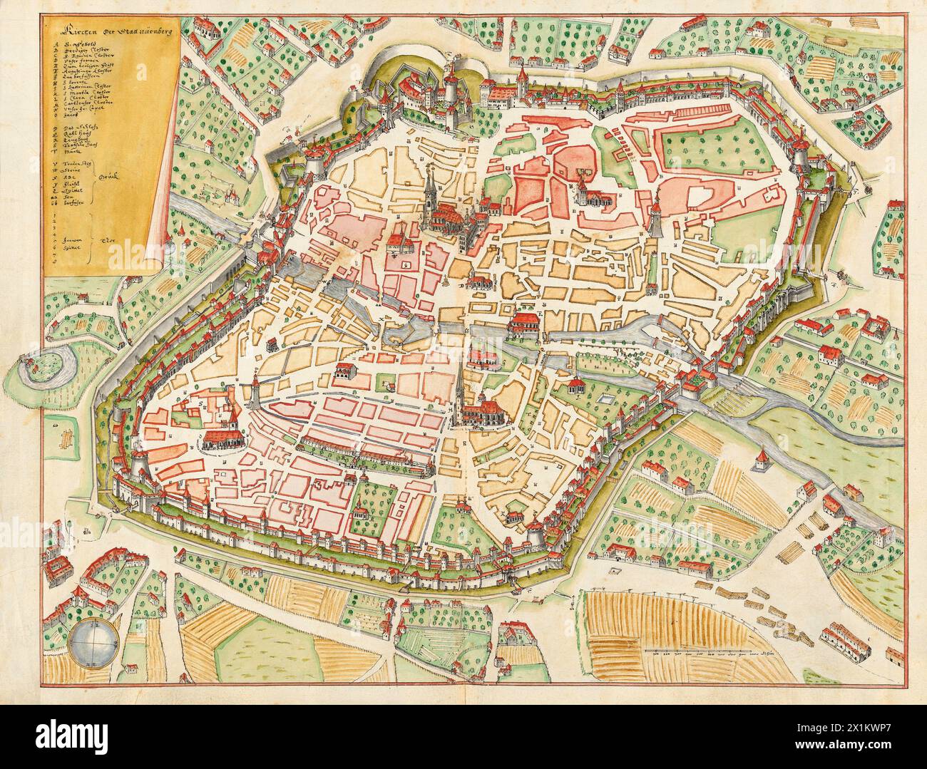 Vintage Nuremberg, Germany map of city and State Churches. by Johannes Ardüser, Manuscript map: multicolored, ink and watercolor, 1650s.   Source: Zentralbibliothek Zürich, Stock Photo
