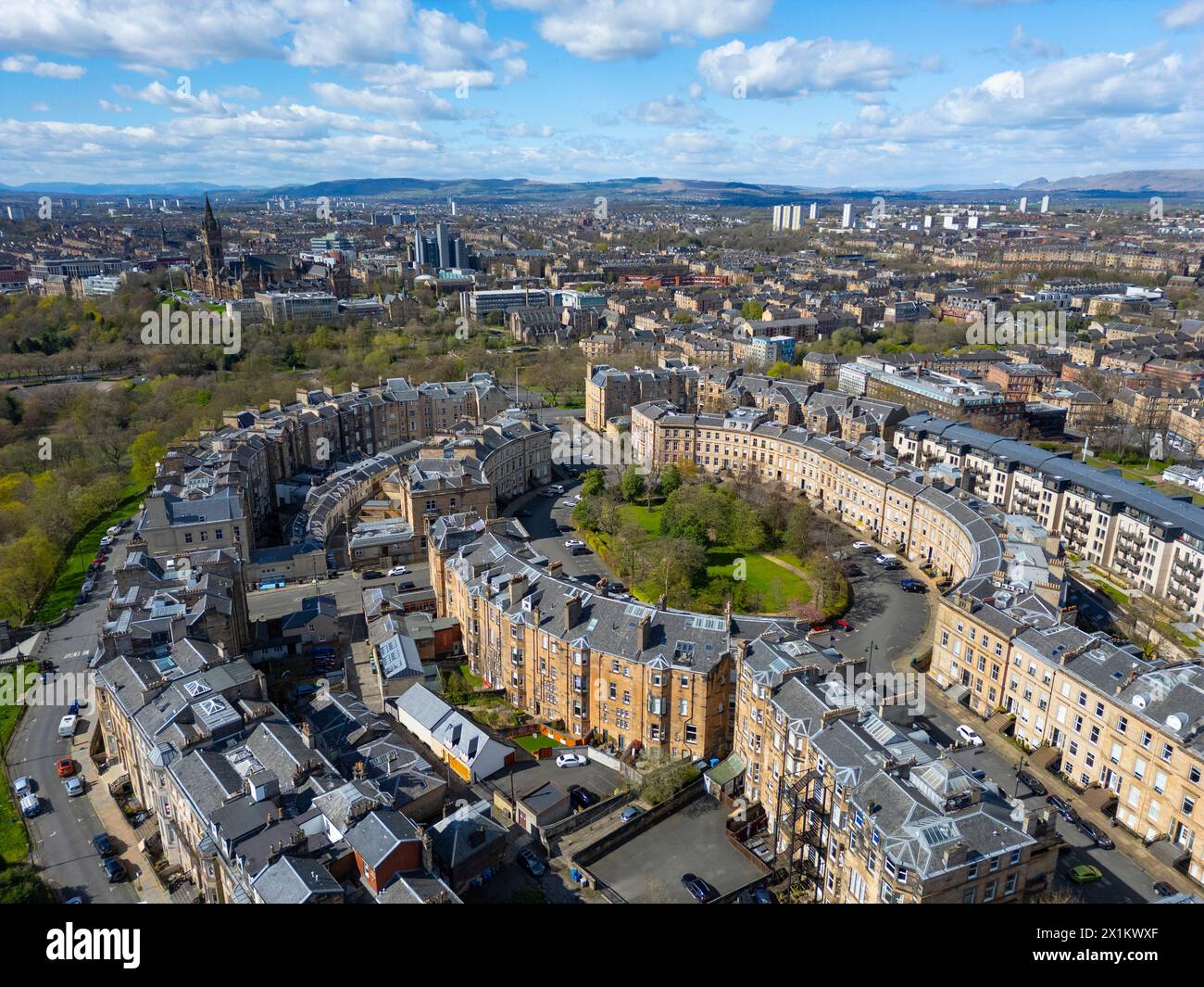 Aerial view of affluent Park District, with Park Terrace and Park Circus adjacent to Kelvingrove Park  in Glasgow West End, Scotland, Uk Stock Photo