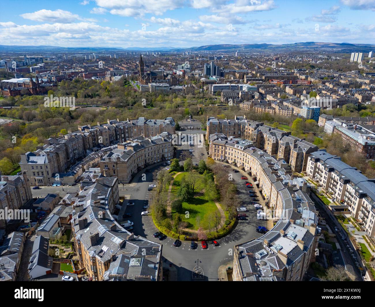 Aerial view of affluent Park District, with Park Terrace and Park Circus adjacent to Kelvingrove Park  in Glasgow West End, Scotland, Uk Stock Photo