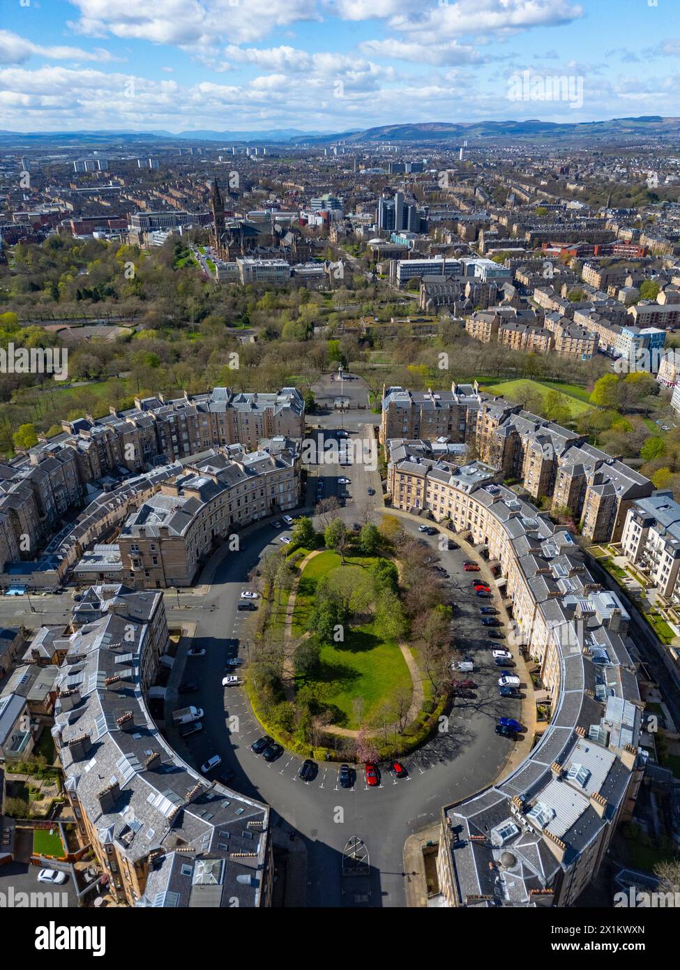 Aerial view of affluent Park District, with Park Terrace and Park Circus adjacent to Kelvingrove Park  in Glasgow West End, Scotland, Uk Stock Photo