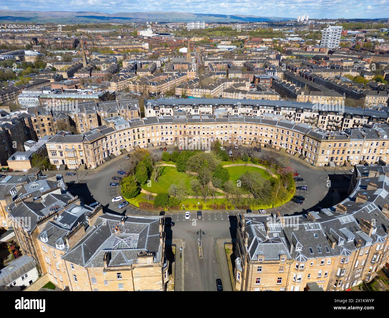 Aerial view of affluent Park District, with Park Terrace and Park Circus adjacent to Kelvingrove Park  in Glasgow West End, Scotland, Uk Stock Photo