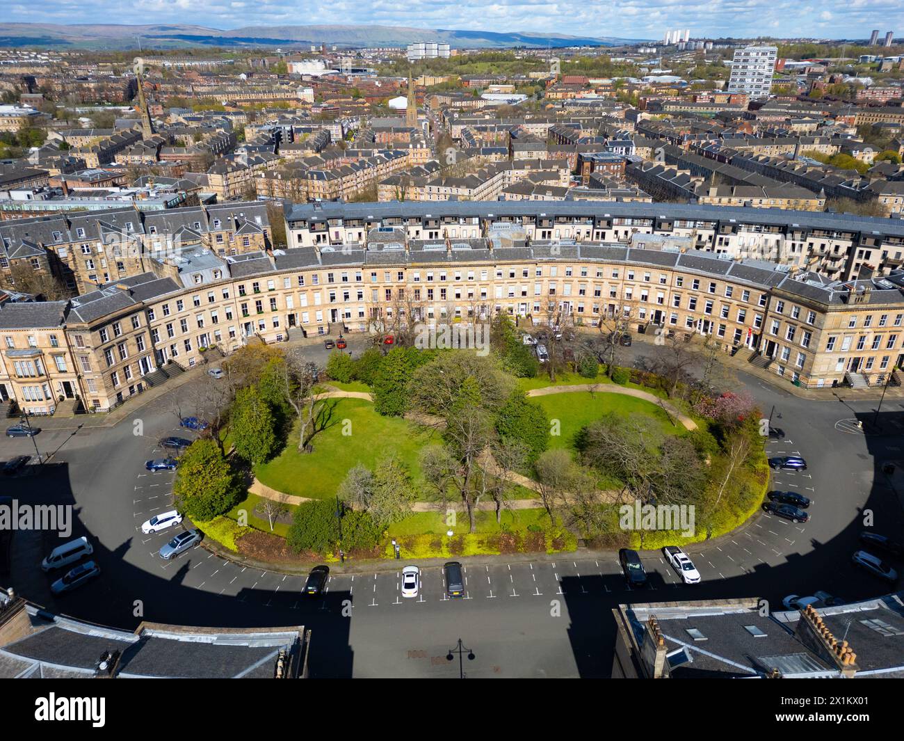 Aerial view of affluent Park District and Park Circus  in Glasgow West End, Scotland, Uk Stock Photo