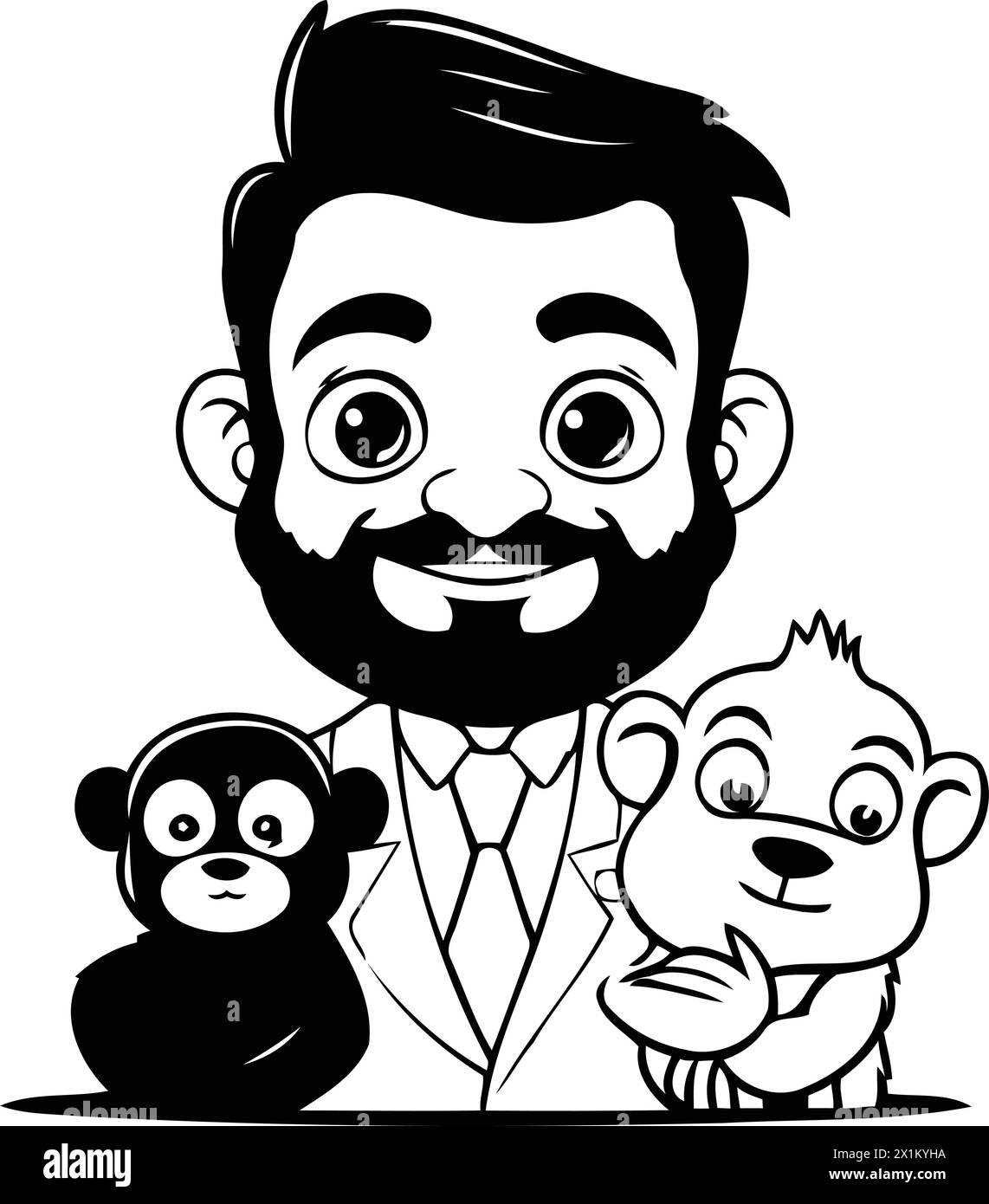 Vector illustration of a man doctor with two little monkeys. Cartoon