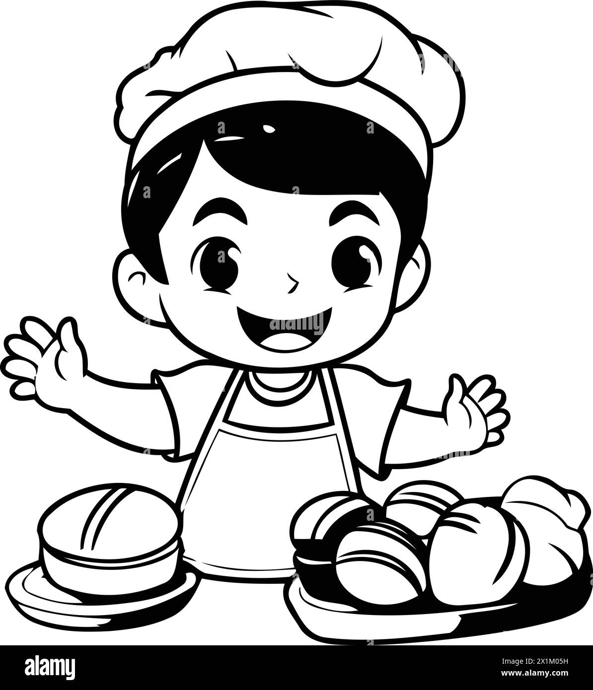 Cute boy chef holding bread and rolls. Vector cartoon illustration. Stock Vector