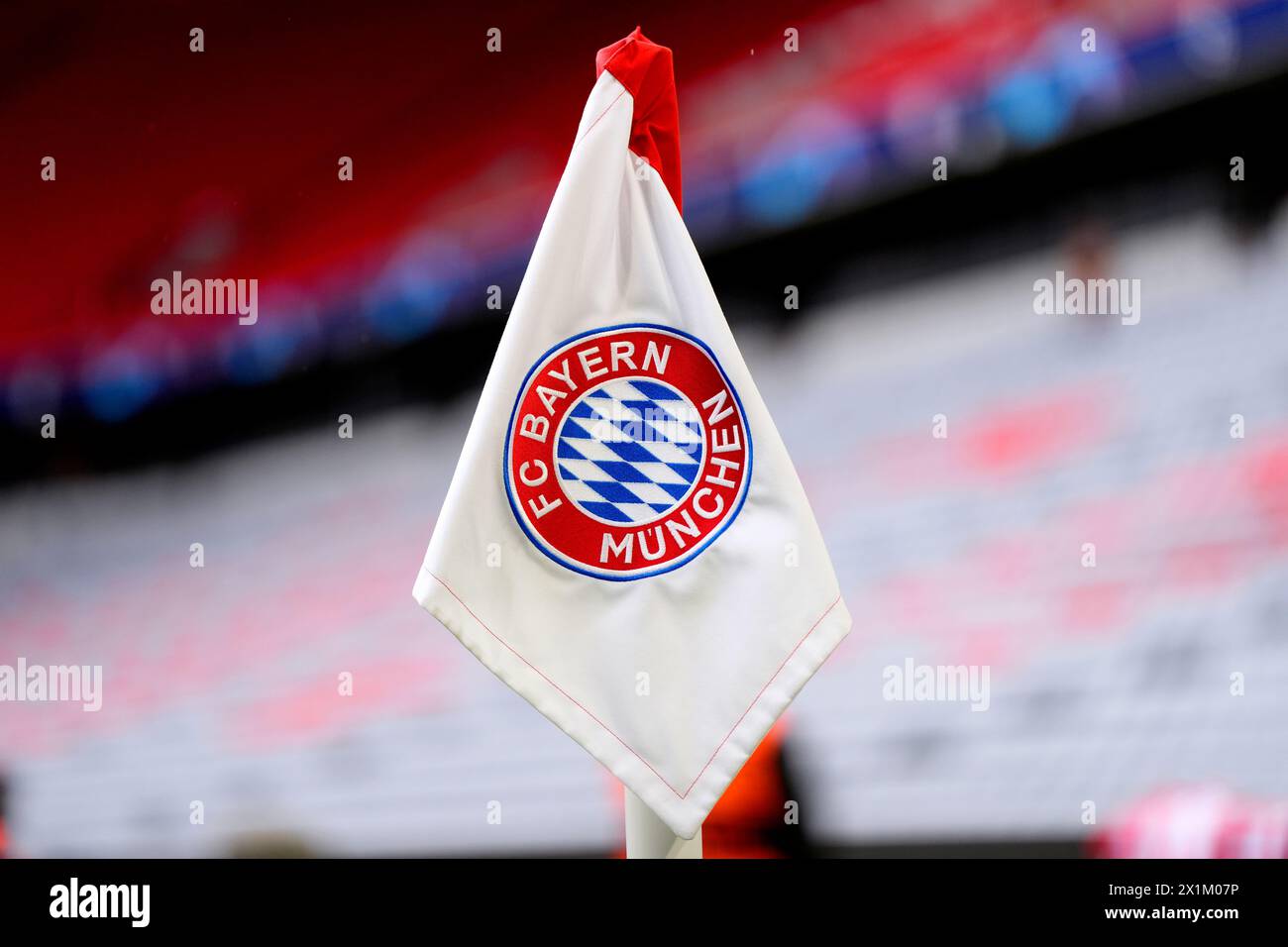 The Bayern Munich crest on a corner flag ahead of the UEFA Champions League quarter-final, second leg match at the Allianz Arena, Munich. Picture date: Wednesday April 17, 2024. Stock Photo