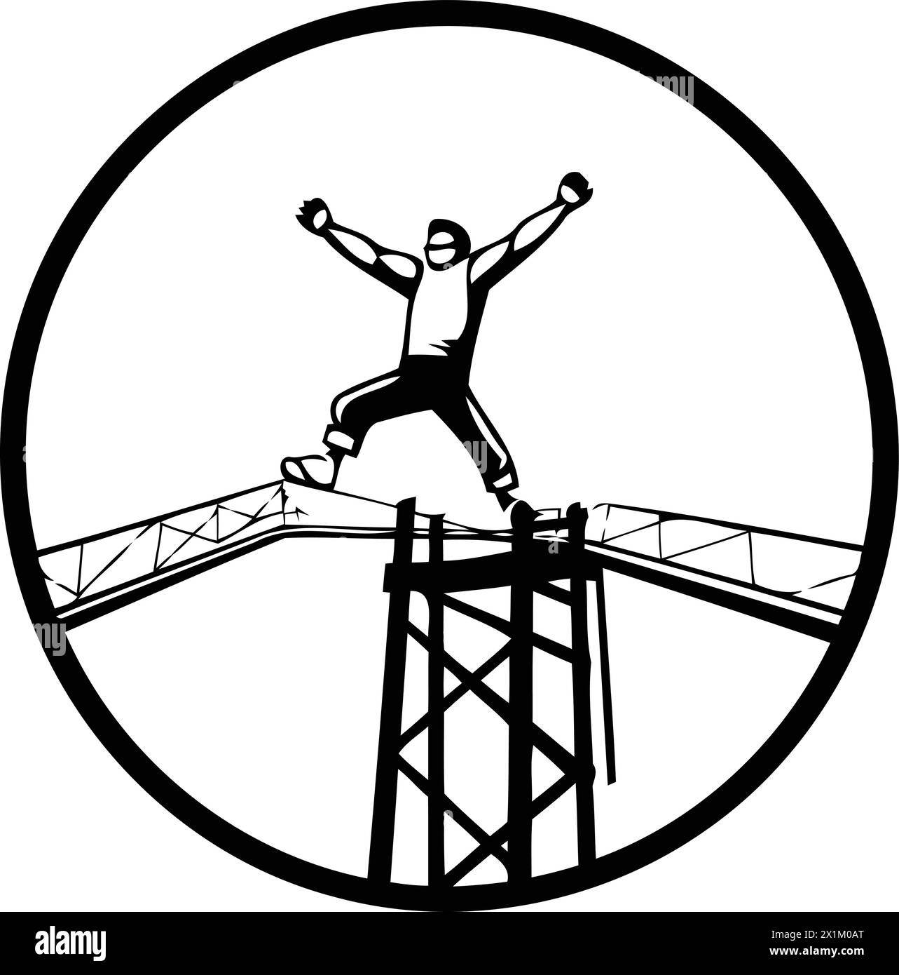 Circle icon with skydiver jumping over the bridge. Vector illustration
