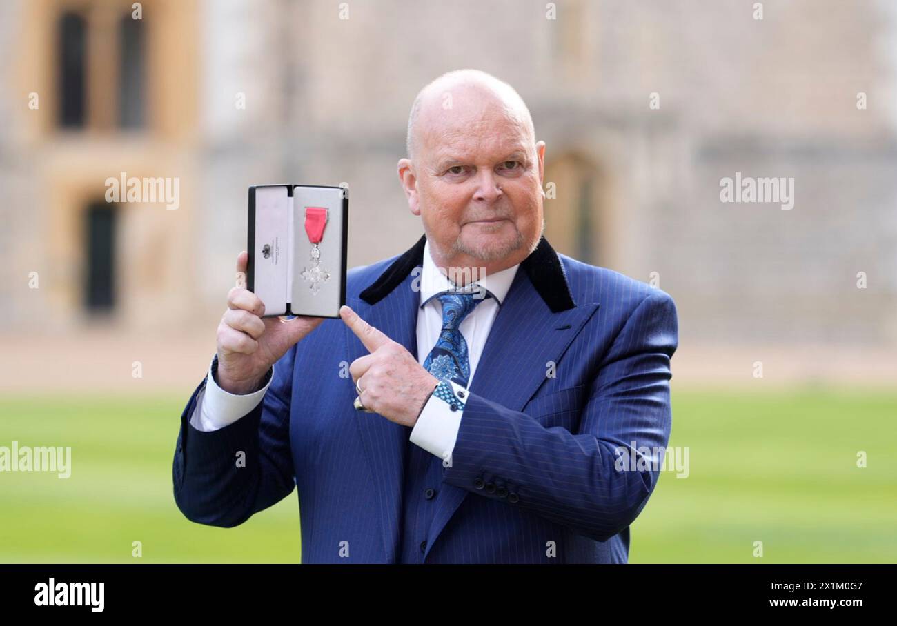 James Whale after being made a Member of the Order of the British Empire (MBE) by the Princess Royal at an investiture ceremony at Windsor Castle, Berkshire. Picture date: Wednesday April 17, 2024. Stock Photo