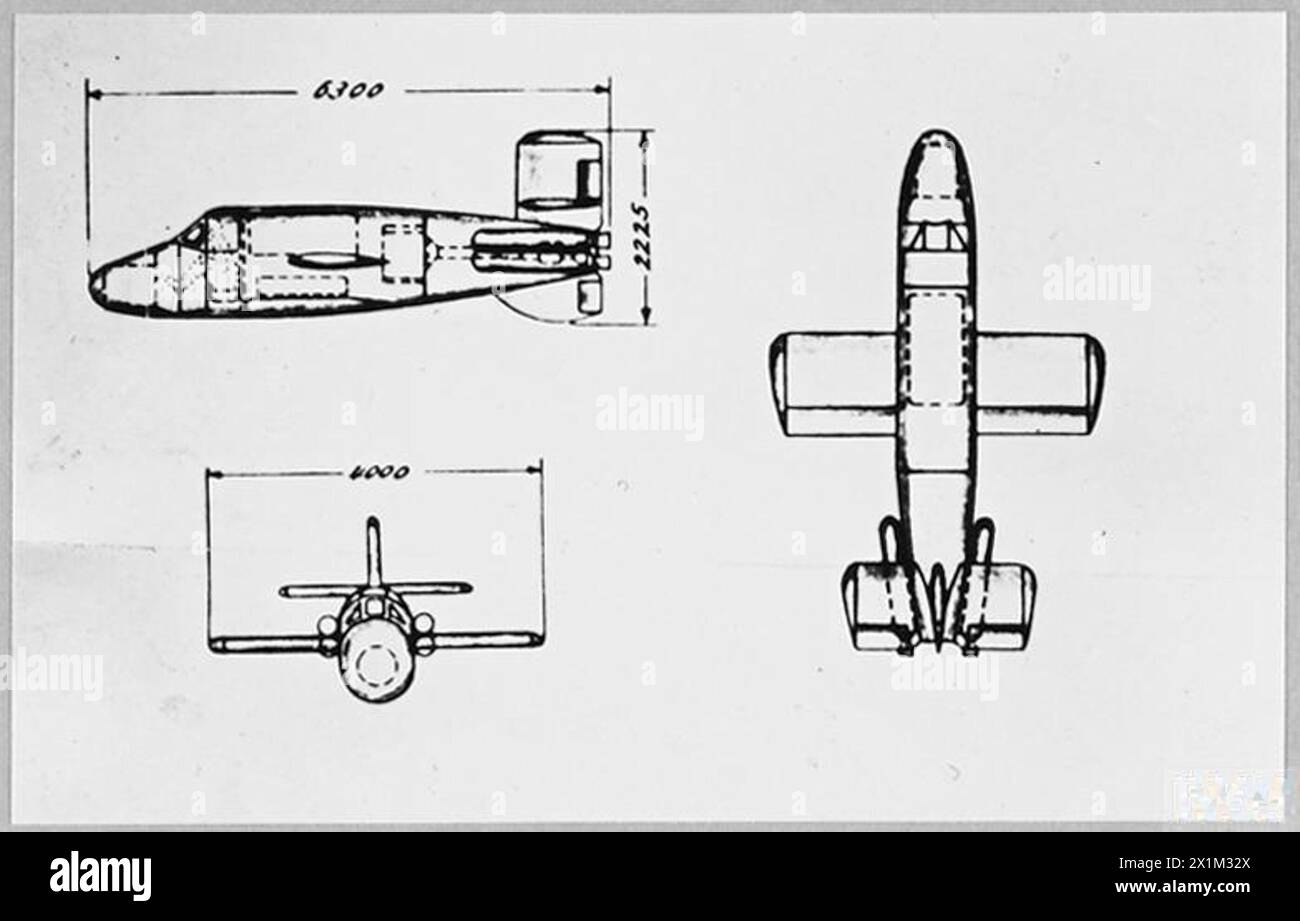 GERMANY'S SECRET WEAPON : THE ROCKET-PROPELLED 'NATTER' - A three-view general arrangement drawing of the BP.20B 'Natter' a rocket propelled interceptor of small endurance which, at the close of the war in Europe, the Germans were developing for the defence of specific vital targets. The dimensions given in these drawings are in millimetres. The four rocket units used for takeoff are shown clustered round the rail, and the positions of the main rocket unit and the fuel tanks are also indicated. Picture issued October 1945, Royal Air Force Stock Photo