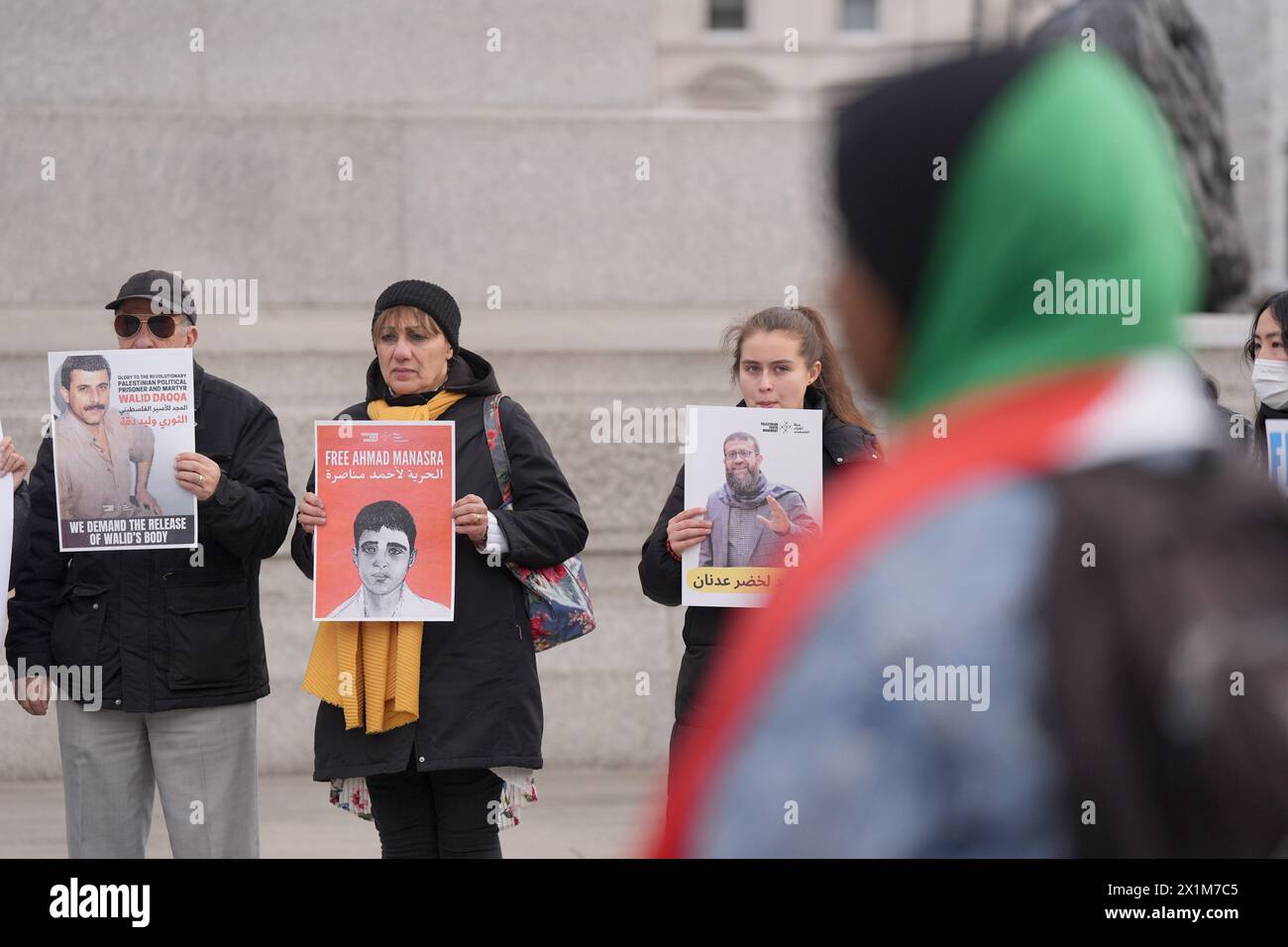 Members of the Palestinian Youth Movement hold a Palestinian Prisoner's Day vigil in Trafalgar Square, London, to commemorate Palestinian prisoners who have been held by Israeli forces since the Hamas attack on Israel in October 2023. Picture date: Wednesday April 17, 2024. Stock Photo