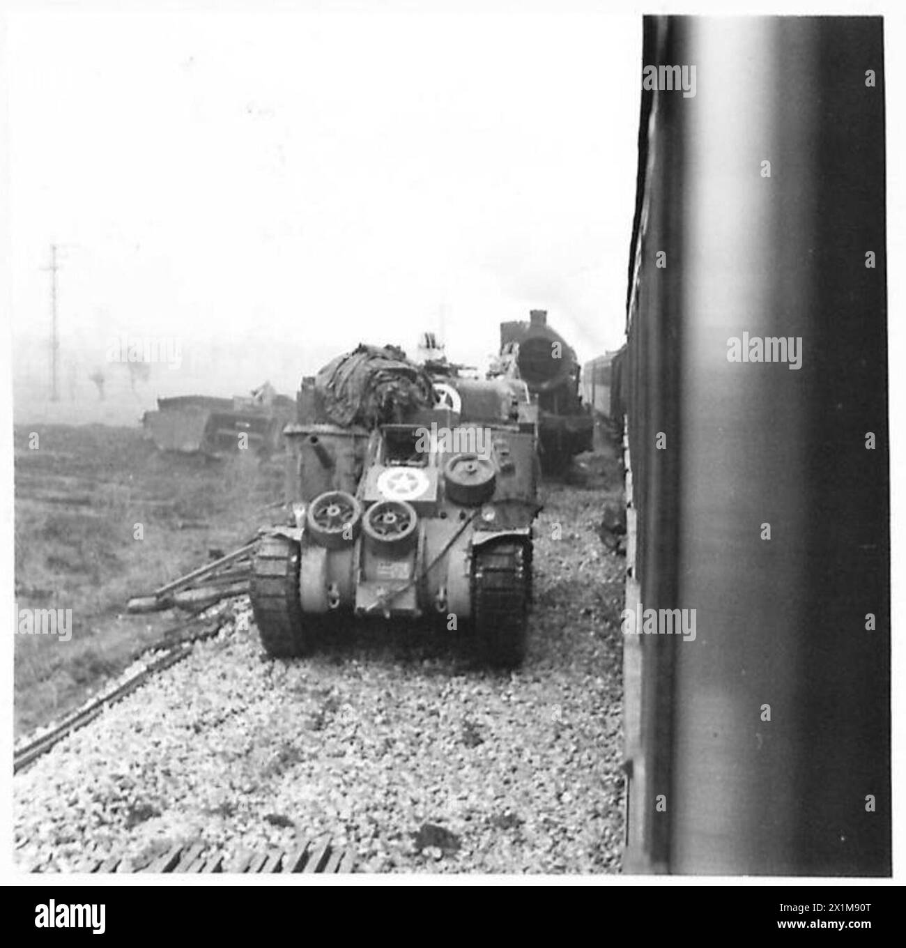 ITALY : FIFTH ARMYHOSPITAL TRAIN - On the way to Naples, the train passes a spot on the railroad where two locomotives ran off the rails - owing to the scarcity of breakdown equipment they were left and the tracks relaid and diverted round them, British Army Stock Photo