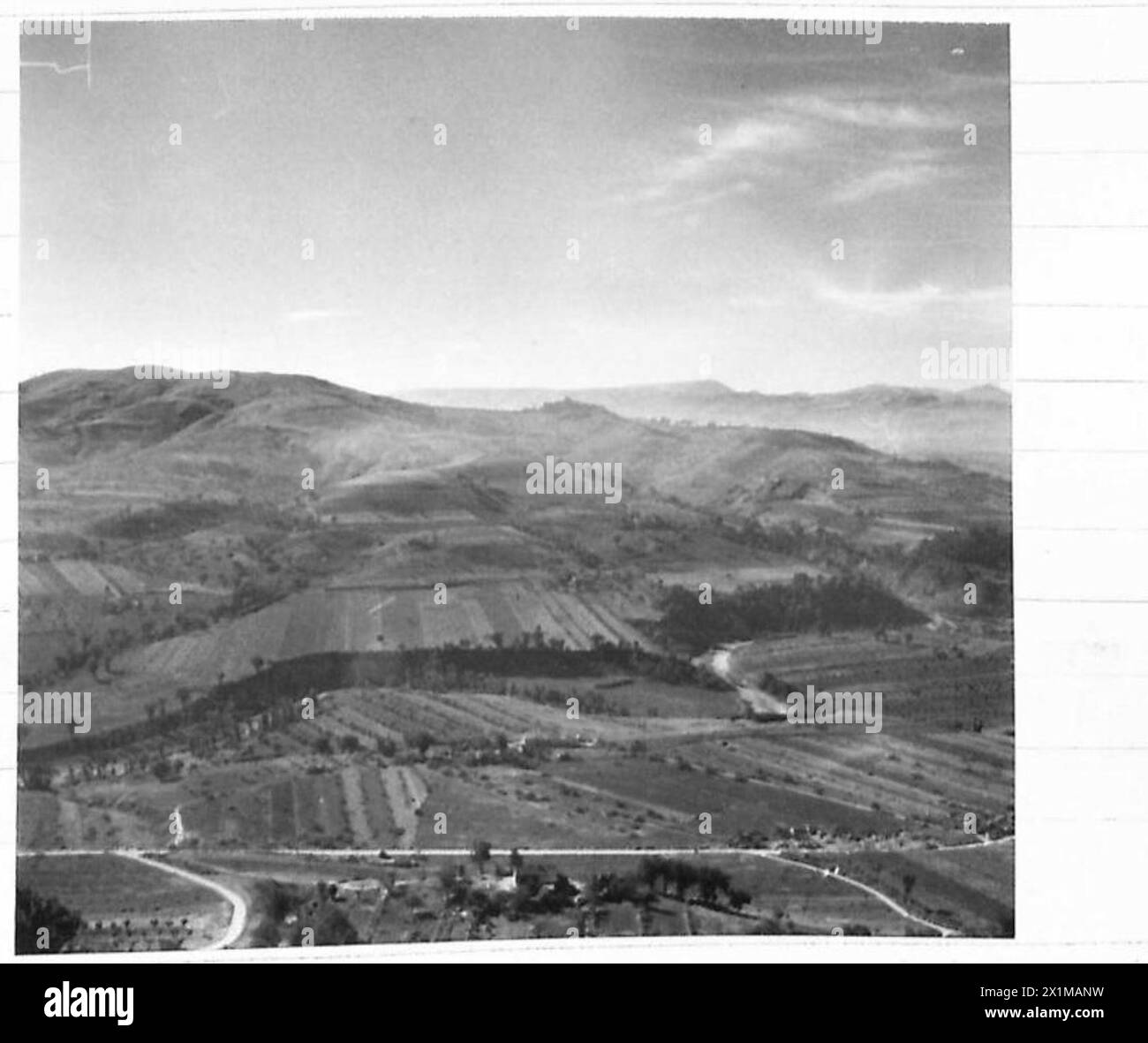 View from Belvedere Foglience showing German defenses along the Gothic Line, the valley with River Foglia and main road to Pesaro, fought over by the 46th (Br) Division, British Army. Stock Photo