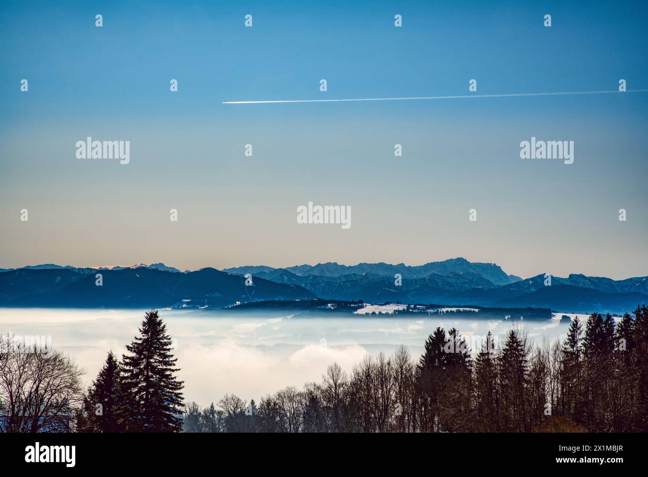 Sea of fog in front of the Alps, view from Hohenpeissenberg Stock Photo