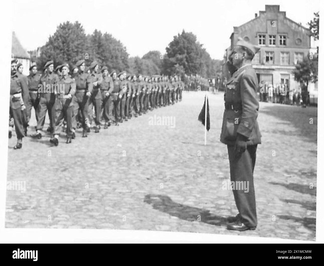 COMMEMORATION SERVICE : 2ND BATTALION DEVONSHIRE REGIMENT - At the saluting base, where the salute was taken by Colonel Pierrat, a French officer, who was Commandant of the French Camp in Schleswig-Holstein. He was the commander of the 42 Infantry Division at Metz, British Army, 21st Army Group Stock Photo