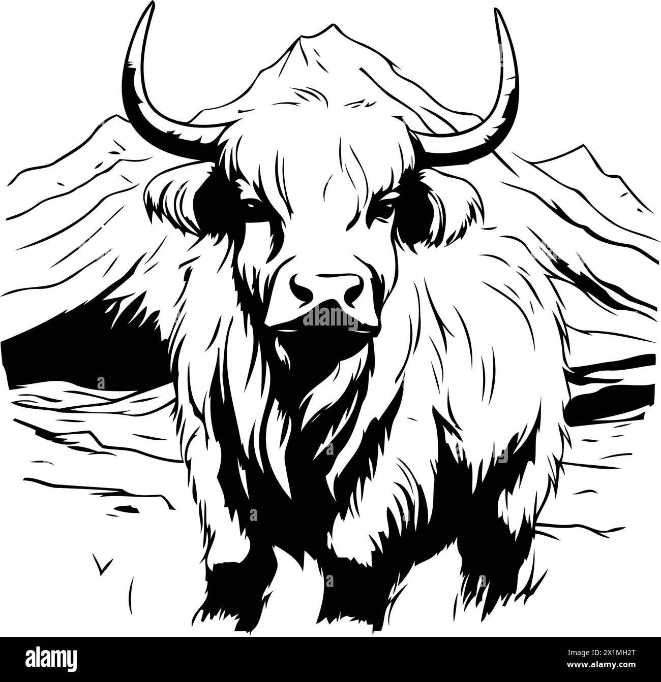 Yak in the mountains. Vector illustration of a mountain animal Stock