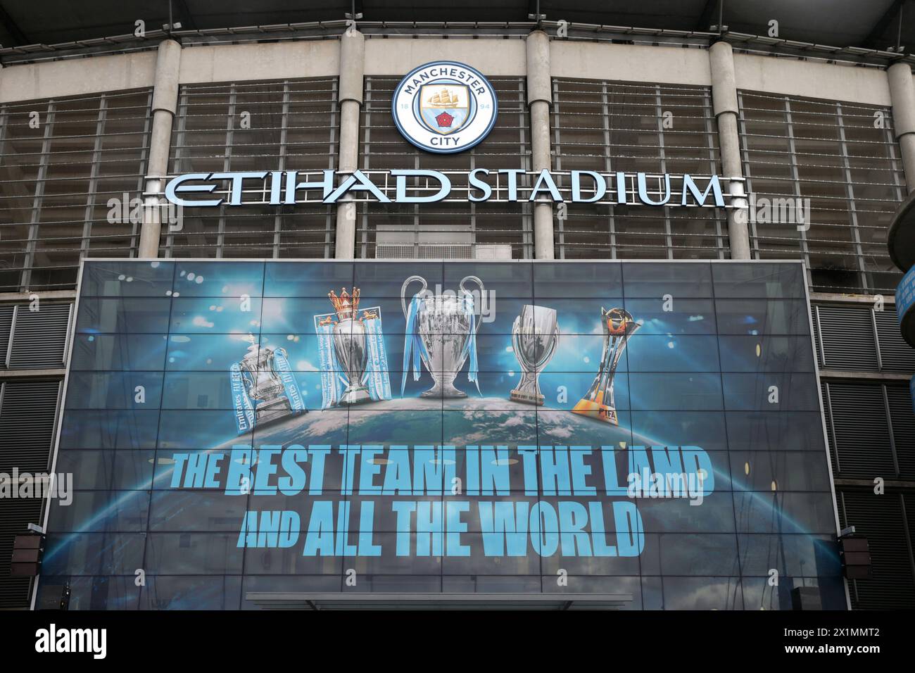 Etihad Stadium, Manchester, UK. 17th Apr, 2024. Champions League Football, Quarter Final, Manchester City versus Real Madrid; a view of the main entrance to the stadium Credit: Action Plus Sports/Alamy Live News Stock Photo