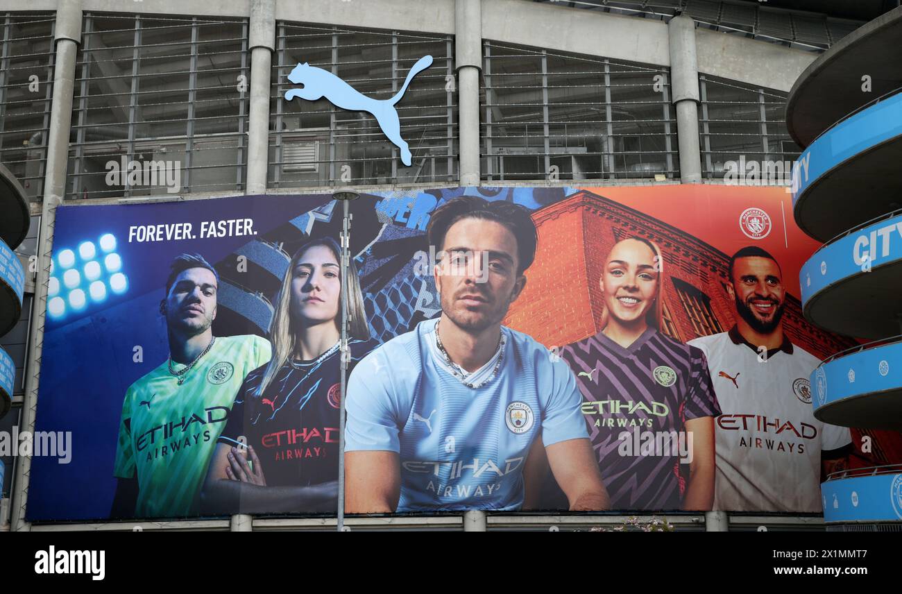 Etihad Stadium, Manchester, UK. 17th Apr, 2024. Champions League Football, Quarter Final, Manchester City versus Real Madrid; giant images of Manchester City players outside the stadium Credit: Action Plus Sports/Alamy Live News Stock Photo