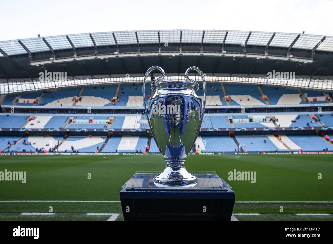 Etihad Stadium, Manchester, UK. 17th Apr, 2024. Champions League Football, Quarter Final, Manchester City versus Real Madrid; the UEFA Champions League trophy on the touchline Credit: Action Plus Sports/Alamy Live News Stock Photo