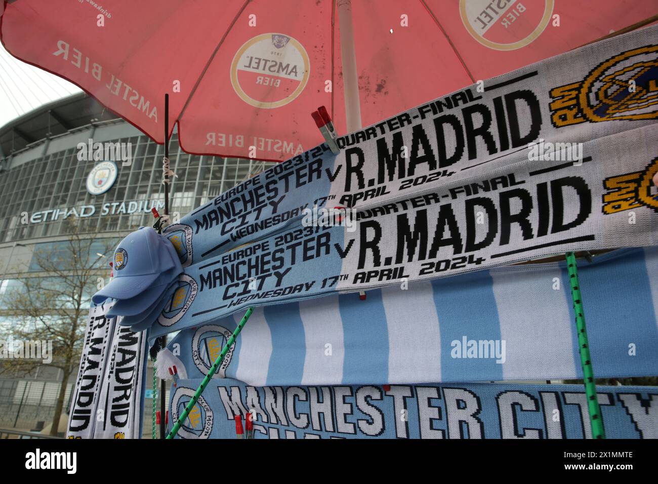 Etihad Stadium, Manchester, UK. 17th Apr, 2024. Champions League Football, Quarter Final, Manchester City versus Real Madrid; match scarves on sale on the approach to the stadium Credit: Action Plus Sports/Alamy Live News Stock Photo