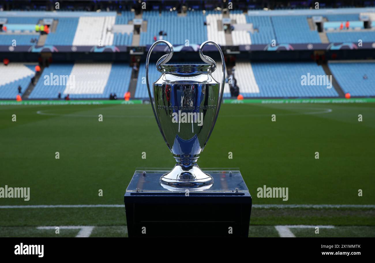 Etihad Stadium, Manchester, UK. 17th Apr, 2024. Champions League Football, Quarter Final, Manchester City versus Real Madrid; the UEFA Champions League trophy on the touchline Credit: Action Plus Sports/Alamy Live News Stock Photo