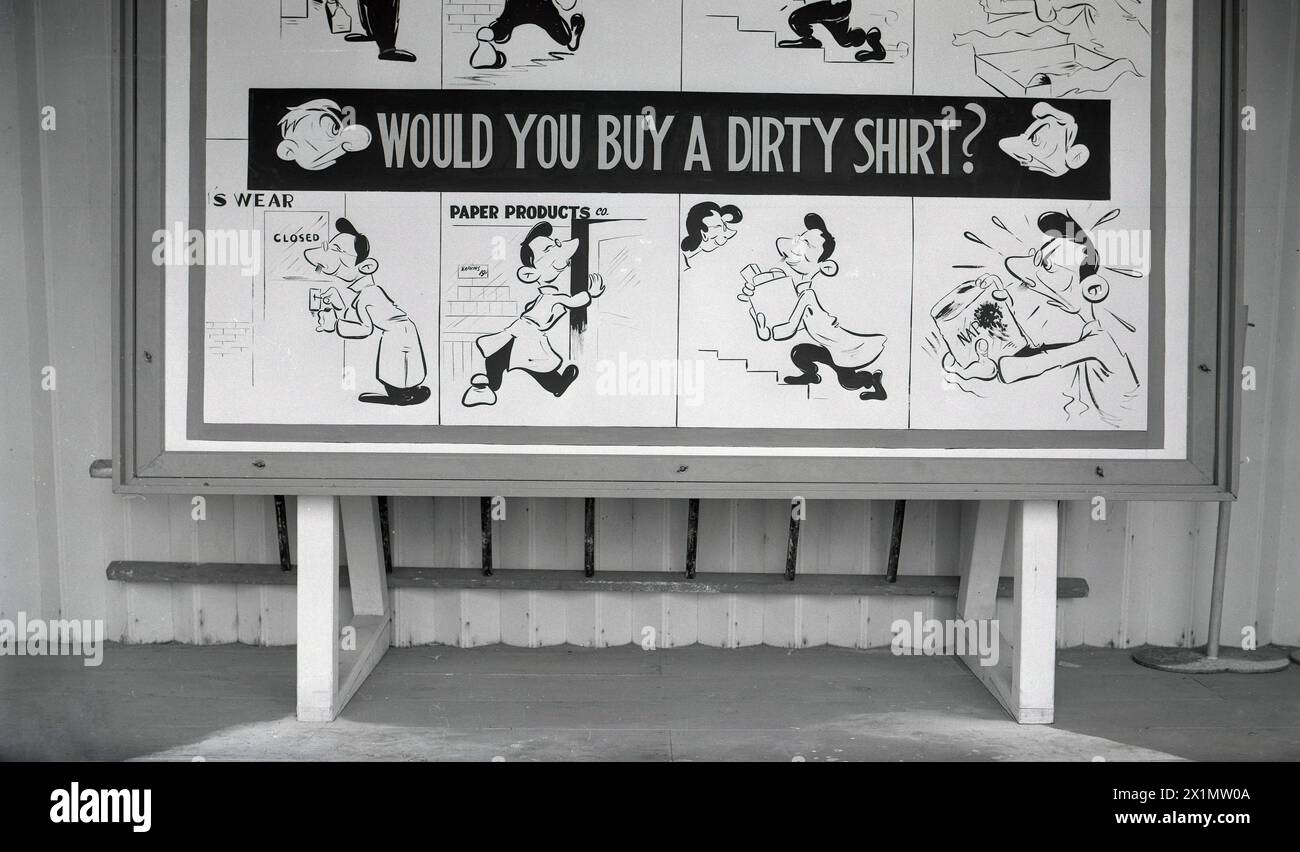 1950s, historical, promotional board featuring a carton character at a paper mill of the Crown Zellerbach Corporation, WA, USA, asking the question ...Would you buy a dirty shirt? Stock Photo