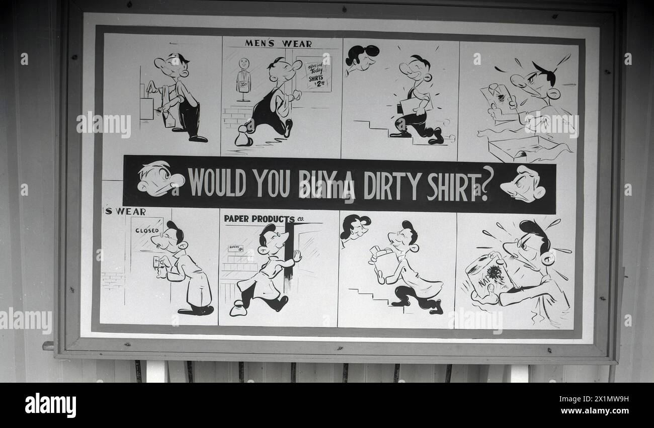 1950s, historical, promotional board featuring a carton character at a paper mill of the Crown Zellerbach Corporation, WA, USA, asking the question ...Would you buy a dirty shirt? Stock Photo