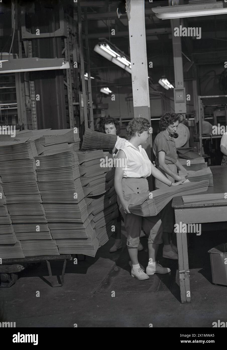 1950s, historical, female workers at a work bench at a paper mill, packing large paper bags, known as flat bags, used for food deliveries and grocery shopping, Crown Zellerbach Corporation, WA, USA. Stock Photo