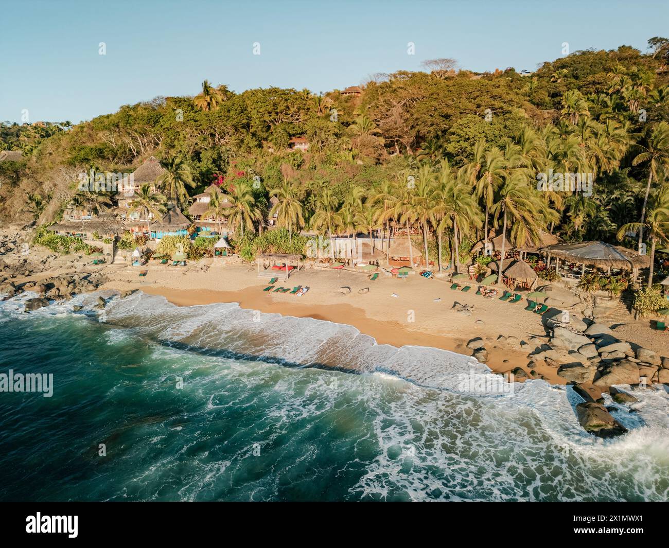 Playa Escondido in Sayulita Mexico where the bachelor was filmed. Aerial view at sunset. Low angle. Stock Photo