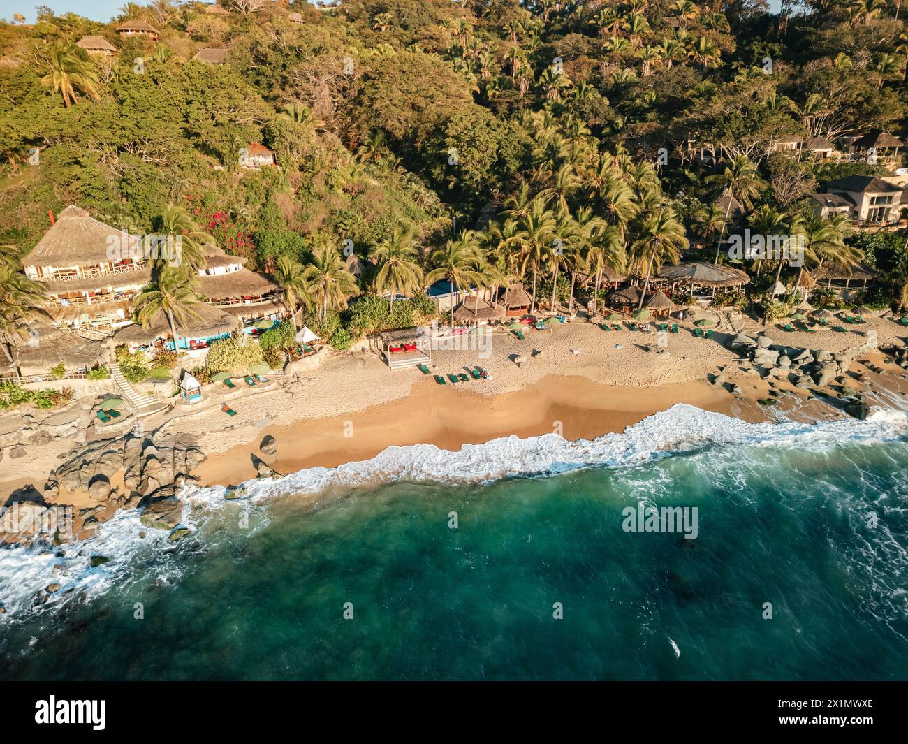 Playa Escondido in Sayulita Mexico Nayarit where the bachelor was filmed. Aerial view at sunset. Stock Photo