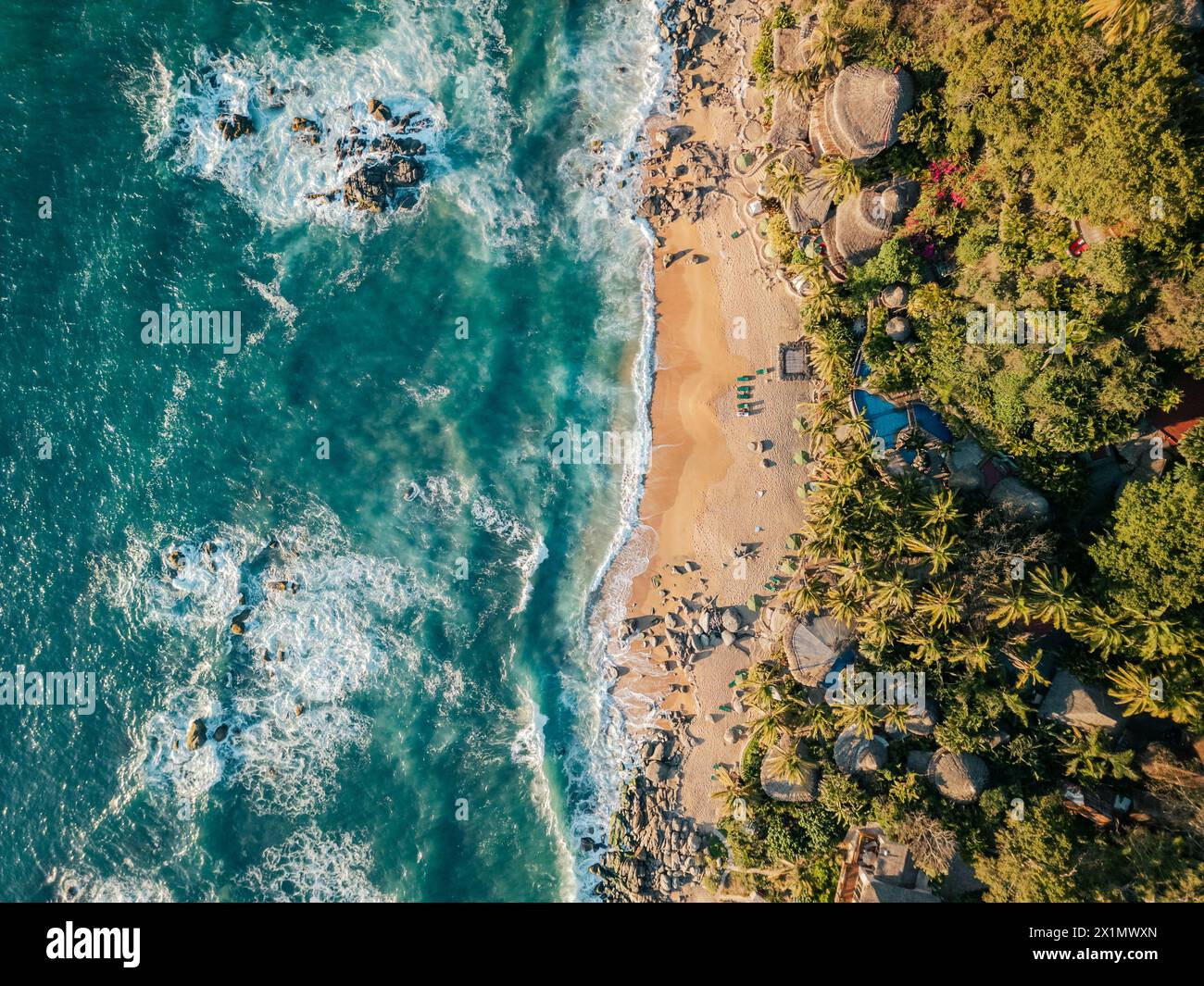 Playa Escondido in Sayulita Mexico where the bachelor was filmed. Aerial view at sunset. Top down. Stock Photo
