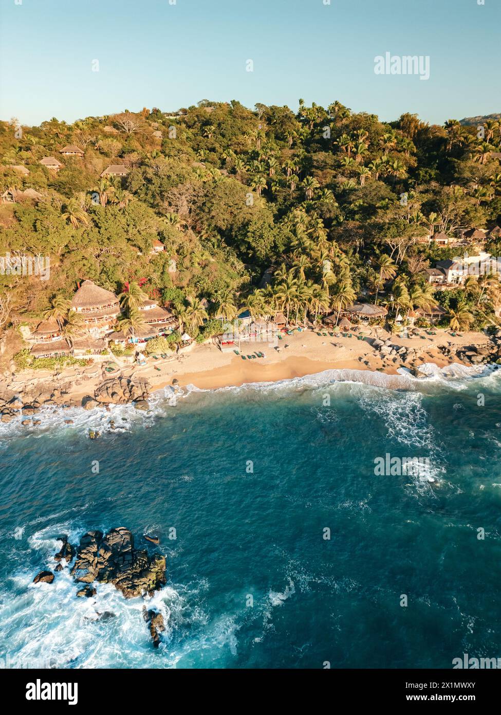 Playa Escondido in Sayulita Mexico where the bachelor was filmed. Aerial view of turquoise water. Stock Photo