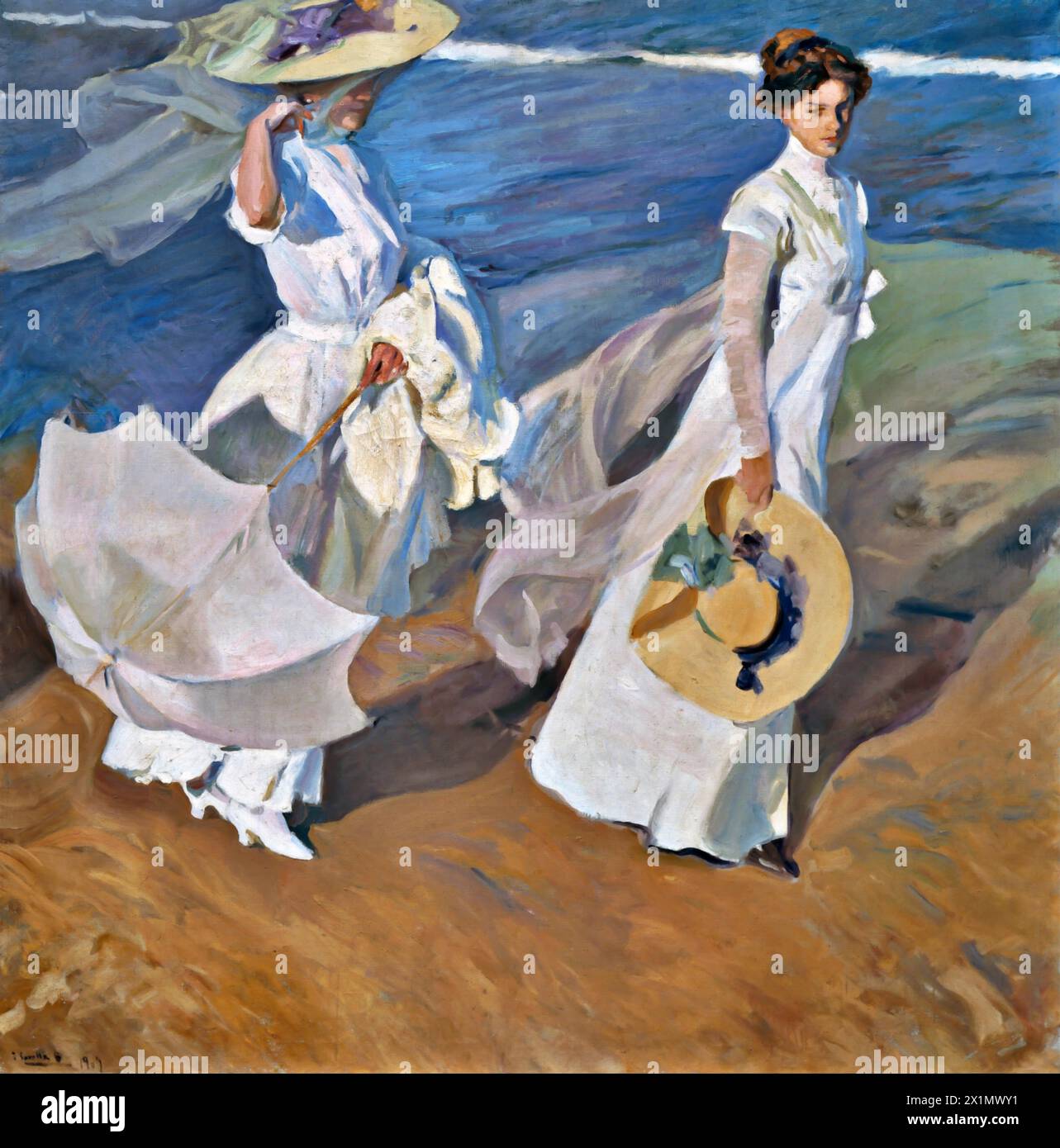 Joaquin Sorolla Y Bastida exhibition fashion poster - Walk on the beach - impressionist - romantic - white dress - museum print - Spanish Artist