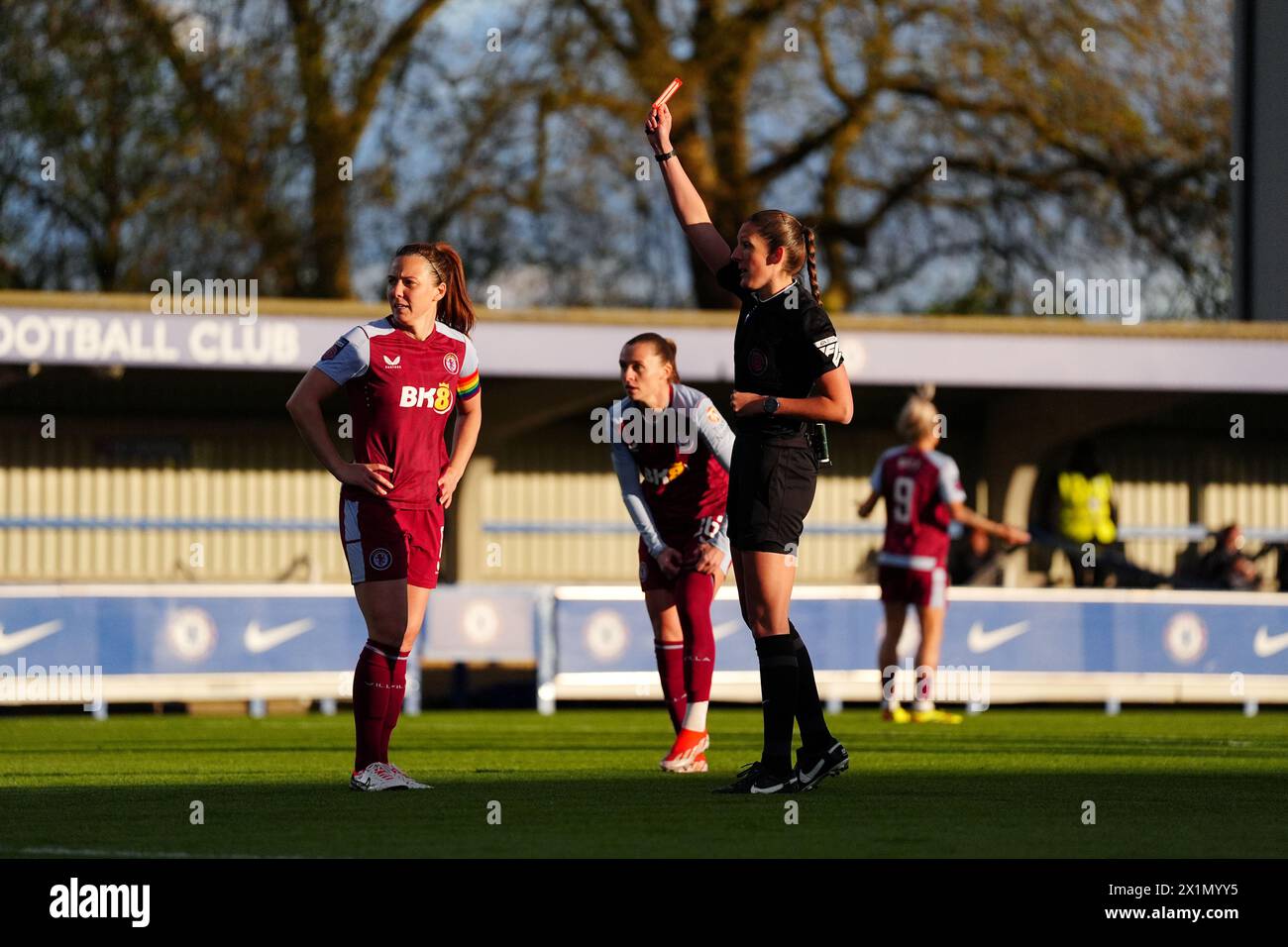 Aston Villa goalkeeper Anna Leat (not pictured) is shown a red card by ...