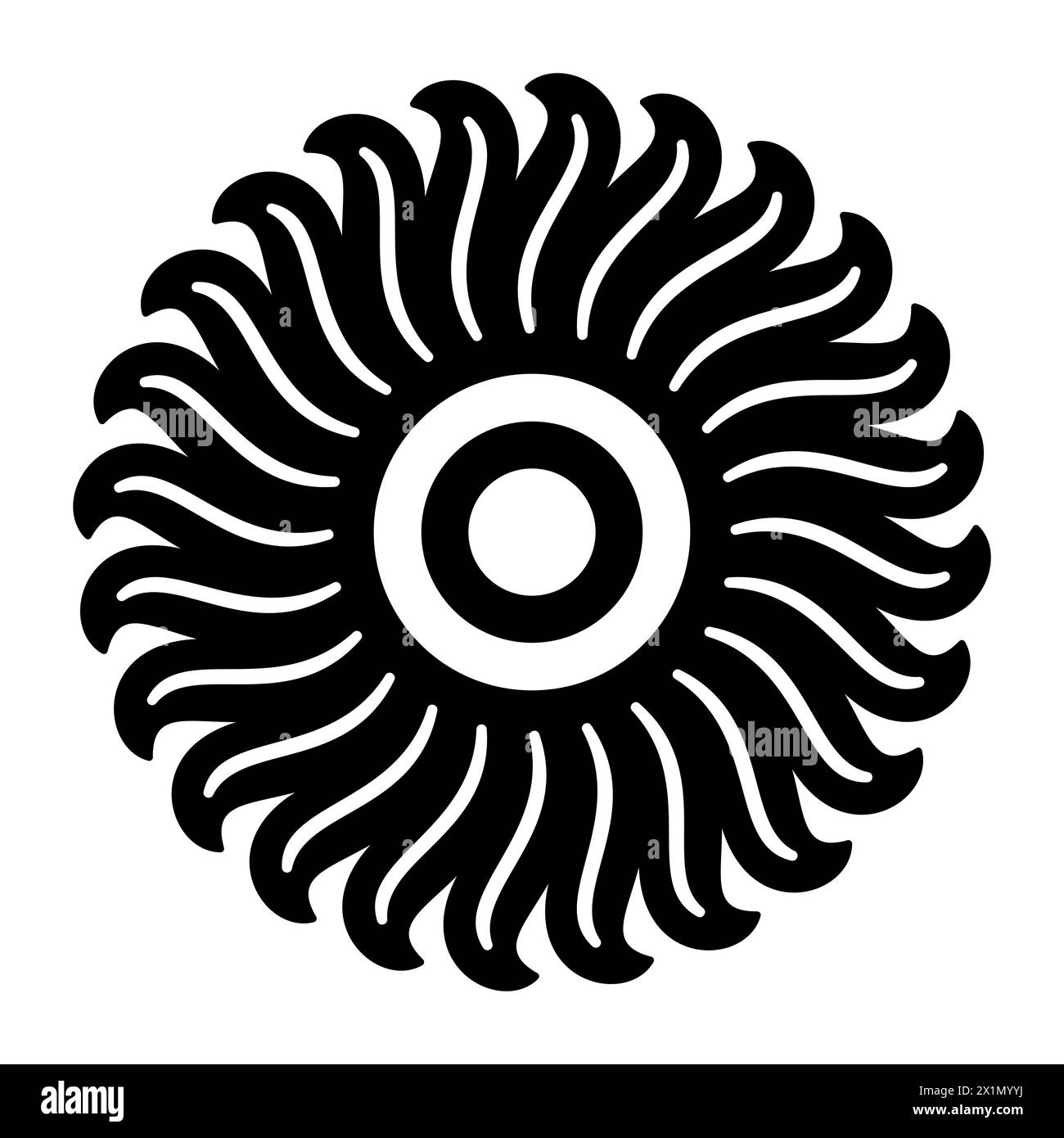 Floral motif and sun symbol. Solar sign, a circle surrounded by twenty-four flames or rays of light. Or also a blossom with petals.Black and white. Stock Photo