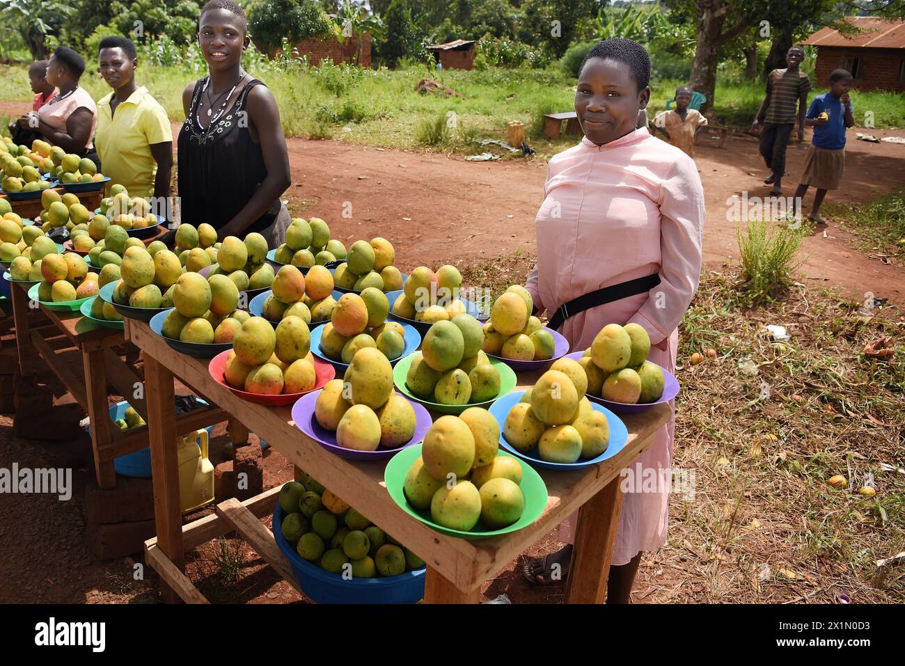 Colorful fruit vendors along Uganda's Kisweka roadside, with vibrant produce displayed on plastic plates, children playing Stock Photo