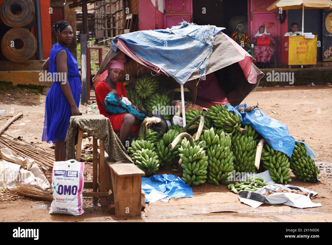 Two Ugandan women gracefully vend bananas at a roadside market stall, one tenderly balancing a baby in her arms, amid bustling market activity. Stock Photo