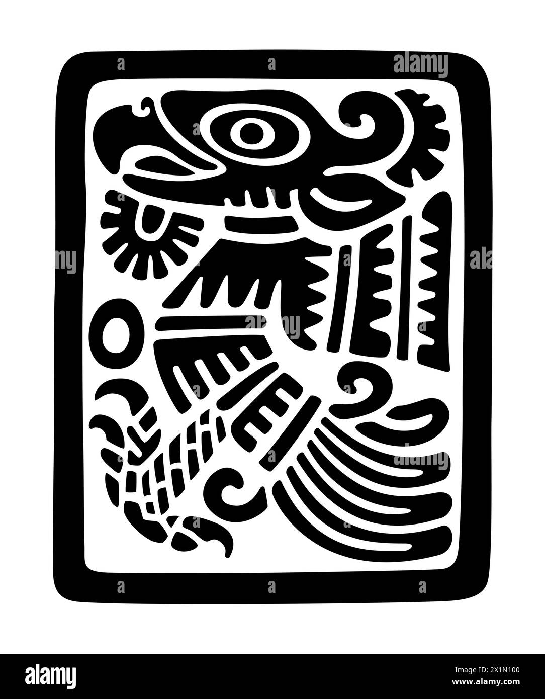 Cuauhtli, symbol for the golden eagle, and the fifteenth day sign of the Aztec calendar. Flat clay stamp motif of ancient Mexico. Stock Photo