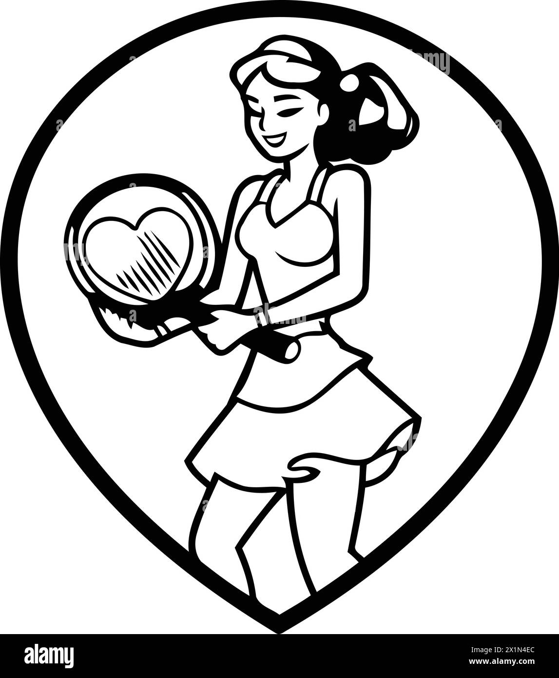 Female tennis player holding a racket and heart shaped ball. Vector