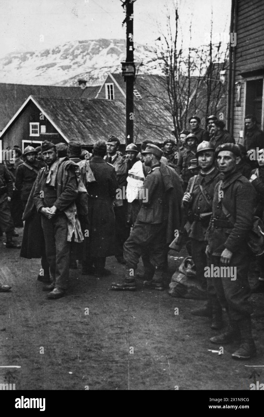 THE POLISH ARMY IN THE NORWEGIAN CAMPAIGN, 1940 - Troops of the Independent Podhalan Rifles Brigade guarding German prisoners captured during the battle for Narvik, early June 1940. Note a Luftwaffe officer (also featured in N 231 photograph) and an alpine (Gebirgsjager) soldier amongst prisoners, Polish Army, Polish Army, Polish Independent Highland Brigade, German Army Stock Photo