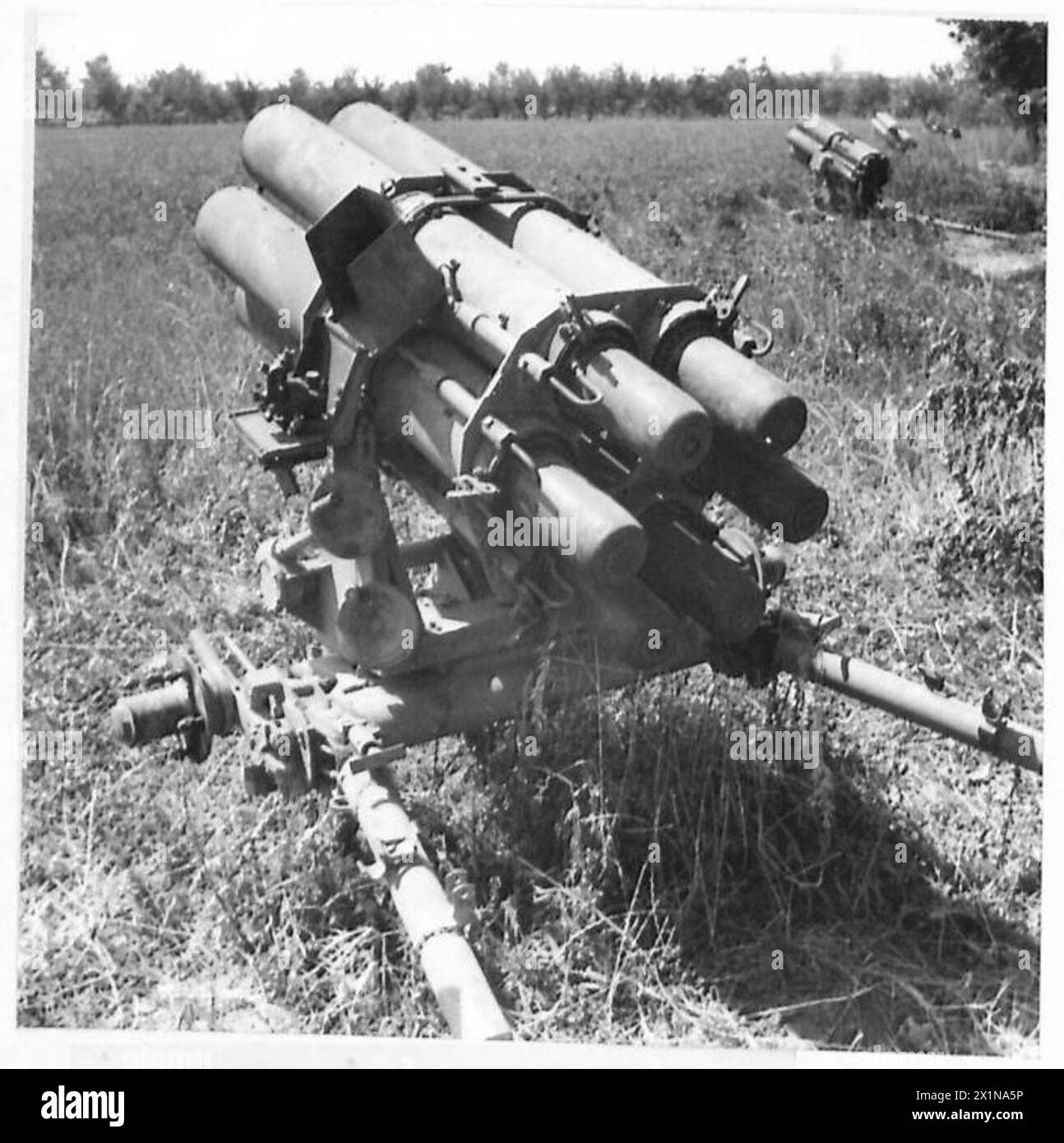 EIGHTH ARMY : VARIOUS - Enemy Nebelwerfers, fully loaded with sights and fuses set, which were abandoned by the enemy in their hurried retreated from 8th Army forces, British Army Stock Photo
