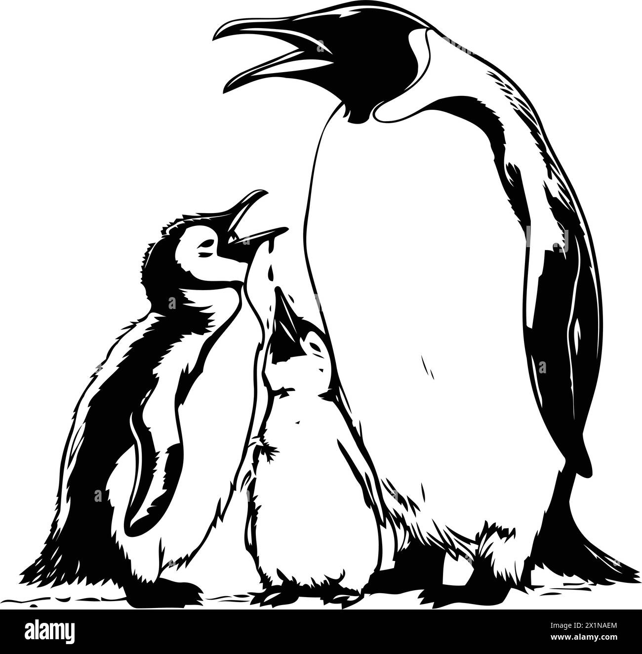 Penguin family with chick. Vector illustration in sketch style Stock