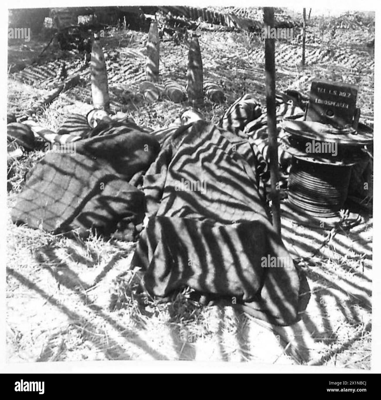 INVASION OF ITALY : 8TH ARMY A DAY IN THE LIFE OF THE GUNNERS - Known to the battery as 'Slim' and 'Lanky' the two gunners are seen in their beds besides the 5.5 Howitzer which they help to man, after having been on duty until the early hours of the morning. On the left Gunner 'Slim' Dixon, and on the right Gunner 'Lanky' Menley, British Army Stock Photo
