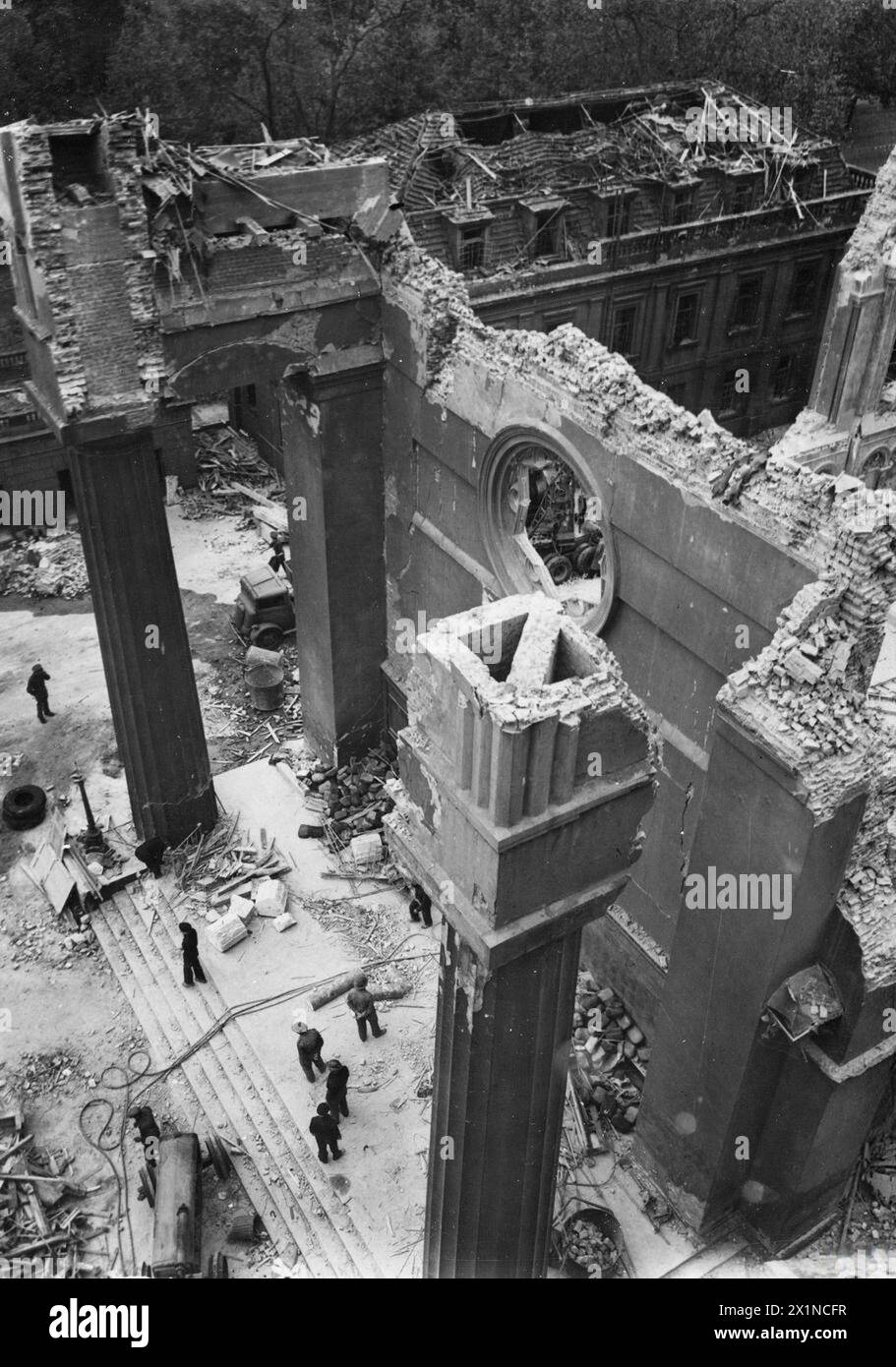 BOMB DAMAGE: 1944 - Ruined Guards Chapel, Aerial perspective. B&W photographic print with typed caption on reverse and censorship marks, Stock Photo
